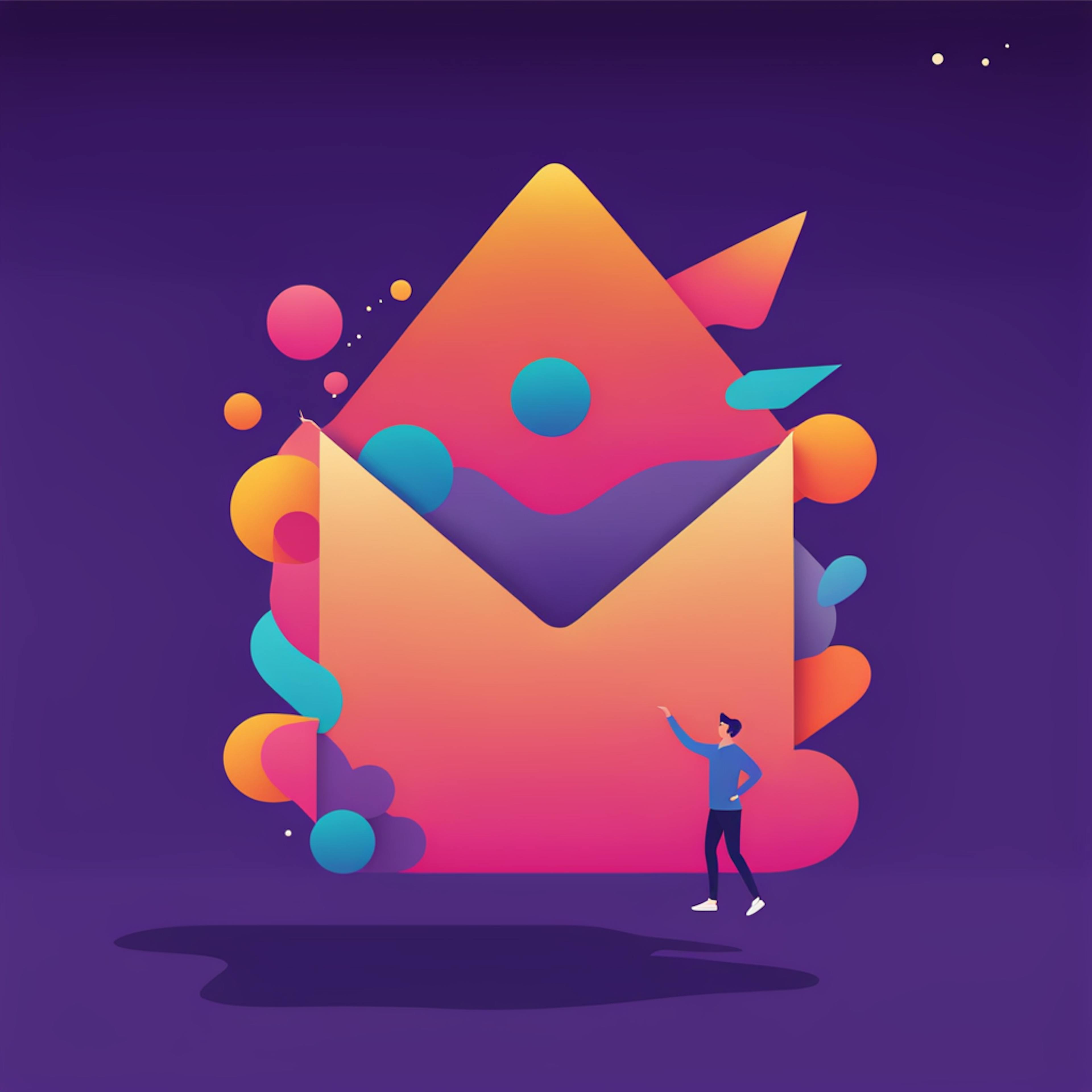 A vibrant, oversized envelope with colorful bubbles and shapes emerging from it, as a small figure points at it. This playful image symbolizes the dynamic features of the best email platforms, highlighting creativity and interaction in email marketing.