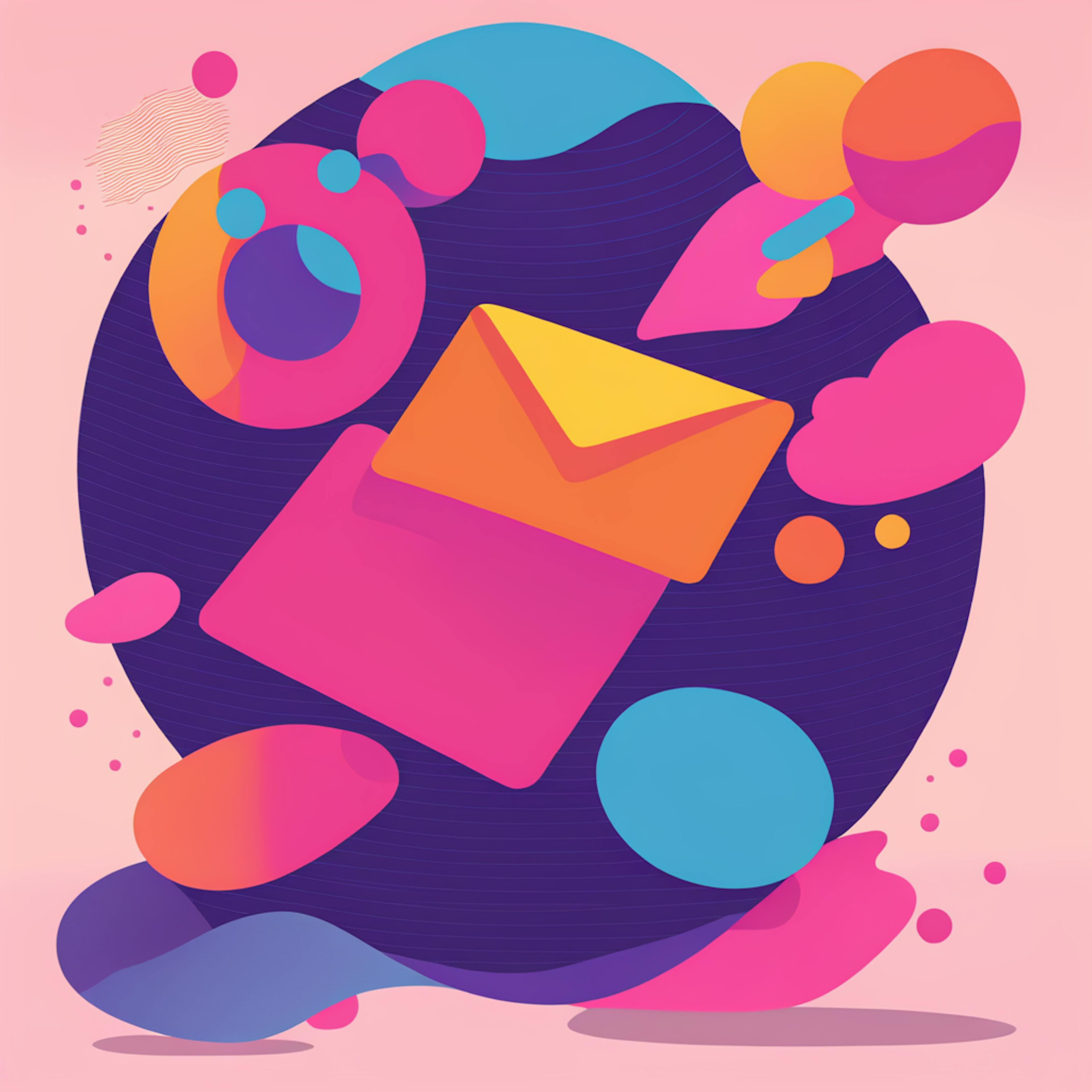 A floating envelope surrounded by colorful abstract shapes and orbs against a pastel background. This image represents the versatility and creativity offered by the best email platforms, providing tools for visually engaging and effective email campaigns.