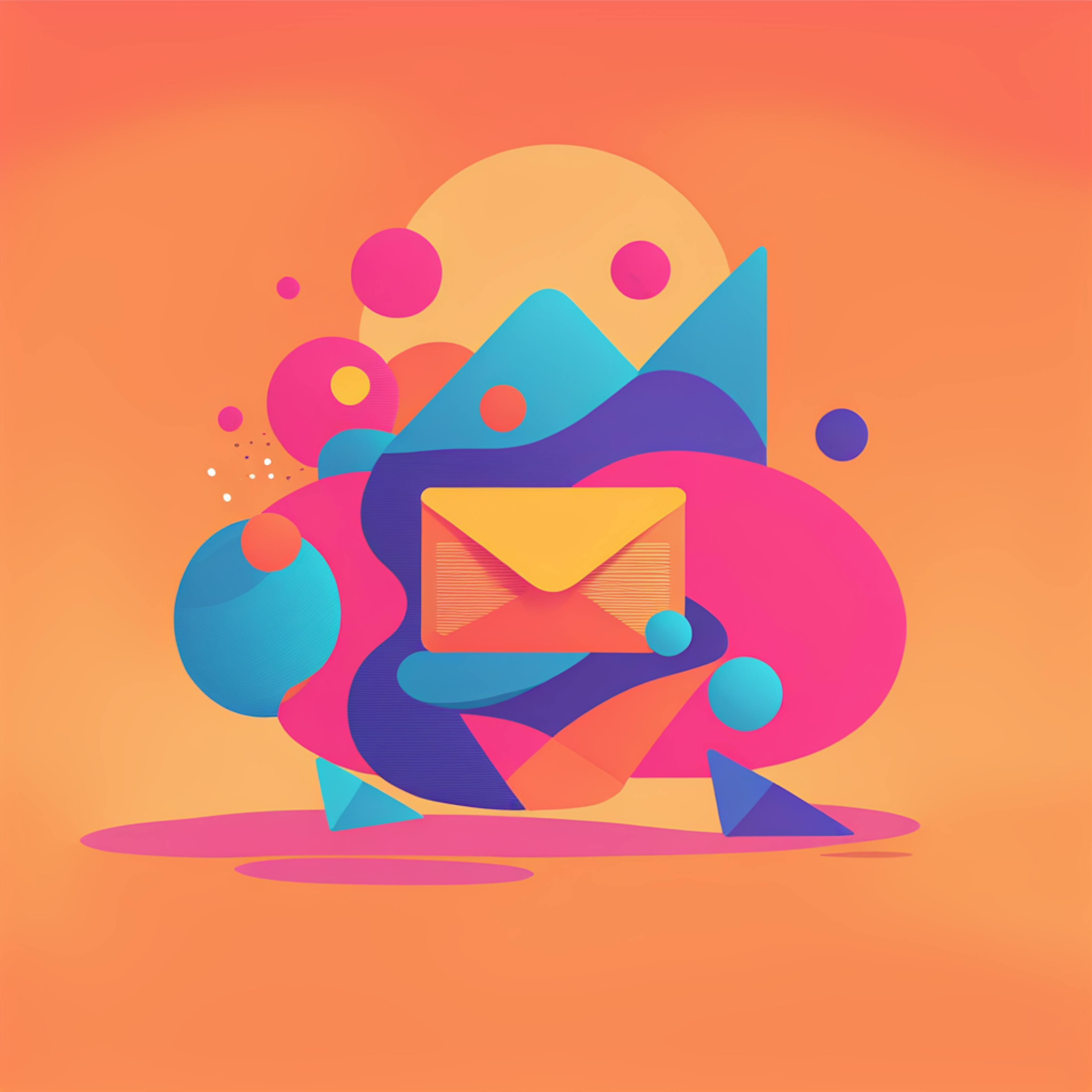 An abstract envelope floats amidst geometric shapes and bright colors on an orange background. This design showcases the flexibility and innovation found in the best email platforms, enabling businesses to craft visually compelling and targeted email campaigns.