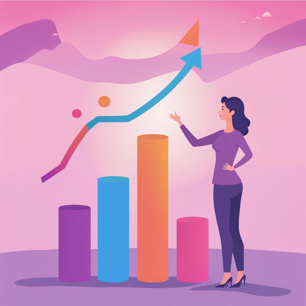 A woman stands next to a bar graph with colorful columns, pointing at an upward-trending arrow. This image represents growth and progress, symbolizing the impact of effective content creation in digital marketing on audience engagement and conversion rates.