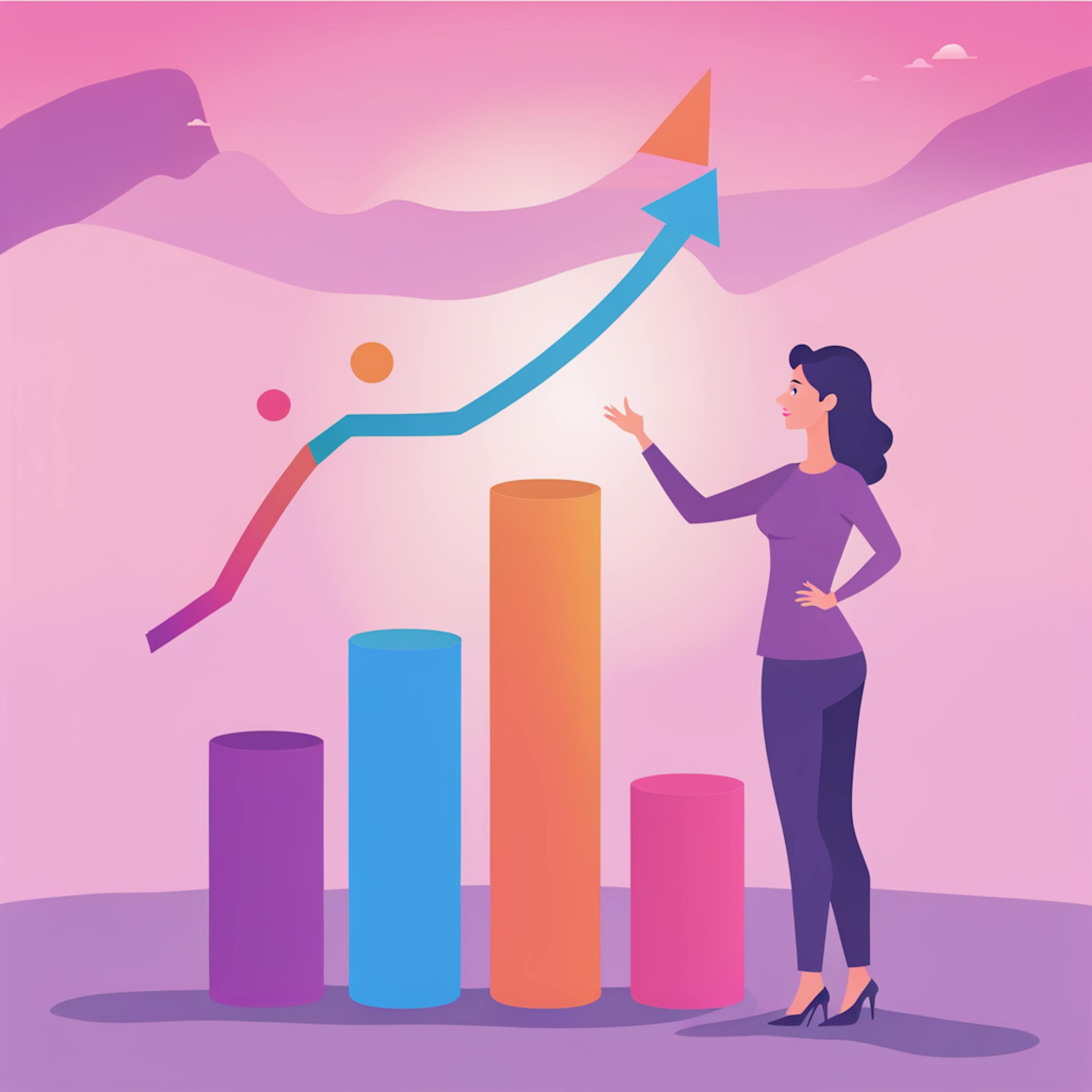 A woman stands next to a bar graph with colorful columns, pointing at an upward-trending arrow. This image represents growth and progress, symbolizing the impact of effective content creation in digital marketing on audience engagement and conversion rates.