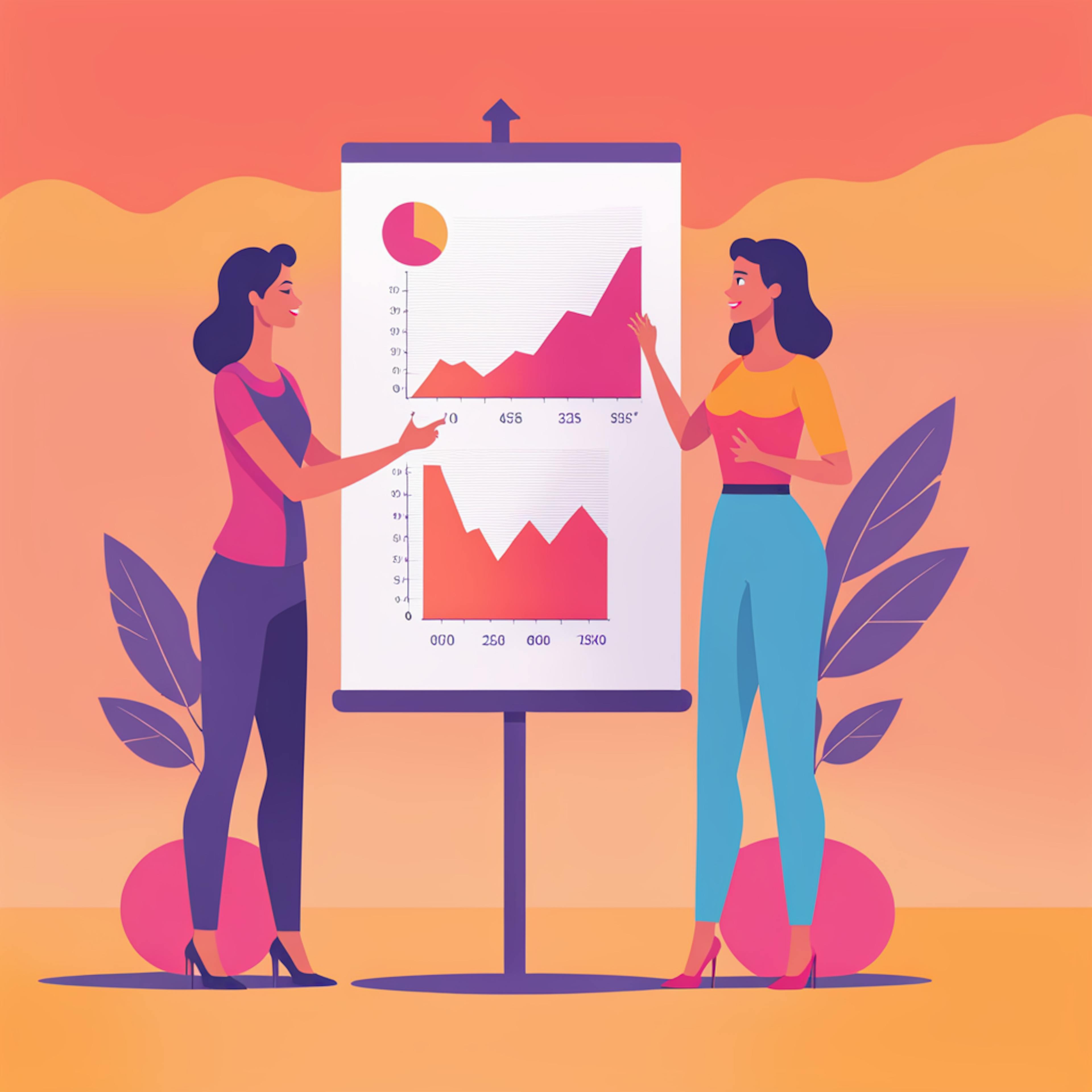 Two women discuss a presentation featuring line and bar graphs on a flipchart. This image highlights collaboration and strategy, essential components of content creation in digital marketing for analyzing performance metrics and optimizing campaigns.