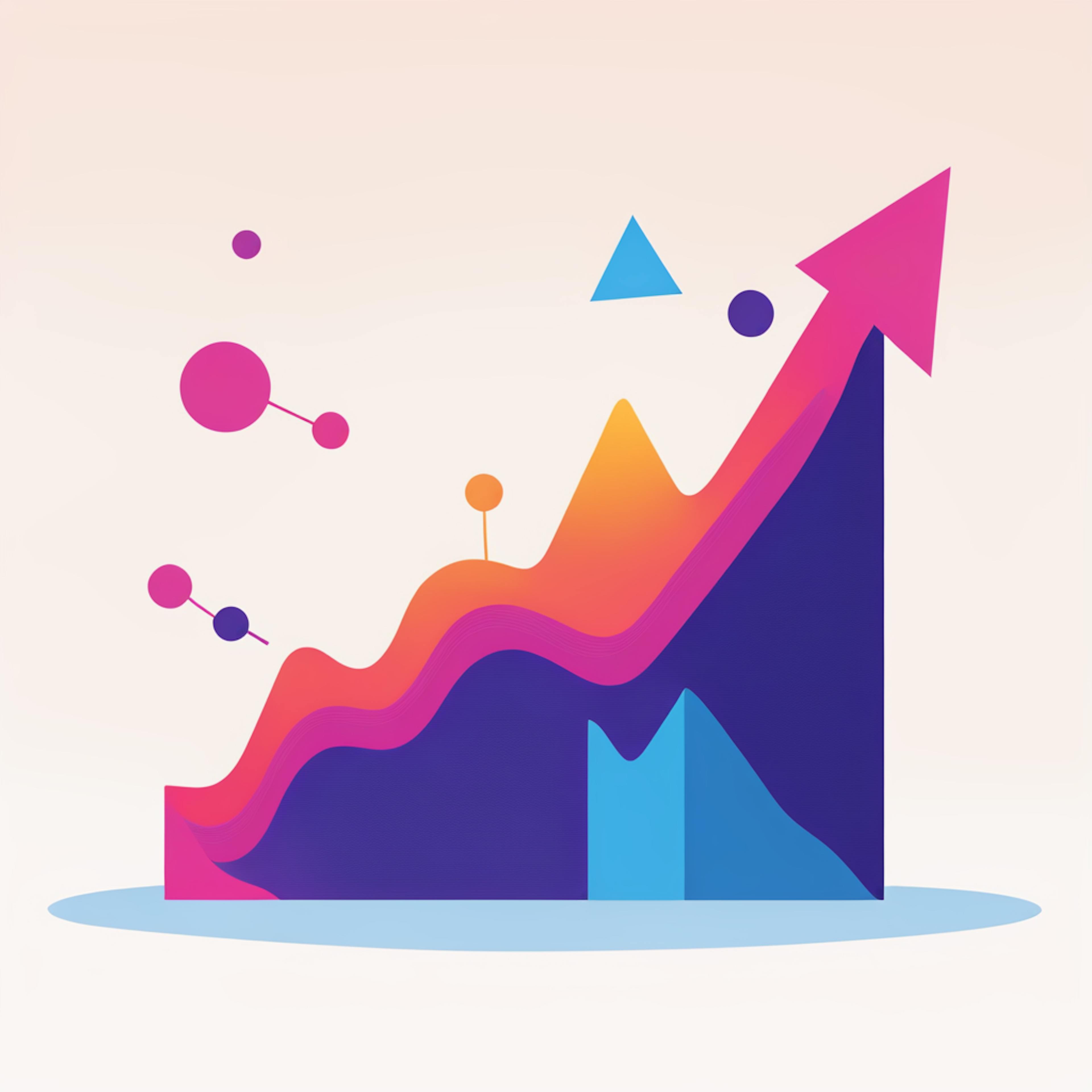 An abstract graph with layered waves of vibrant colors, showing a sharp upward trend. This image captures the dynamic and evolving nature of content creation in digital marketing, emphasizing the importance of data-driven strategies to boost growth.