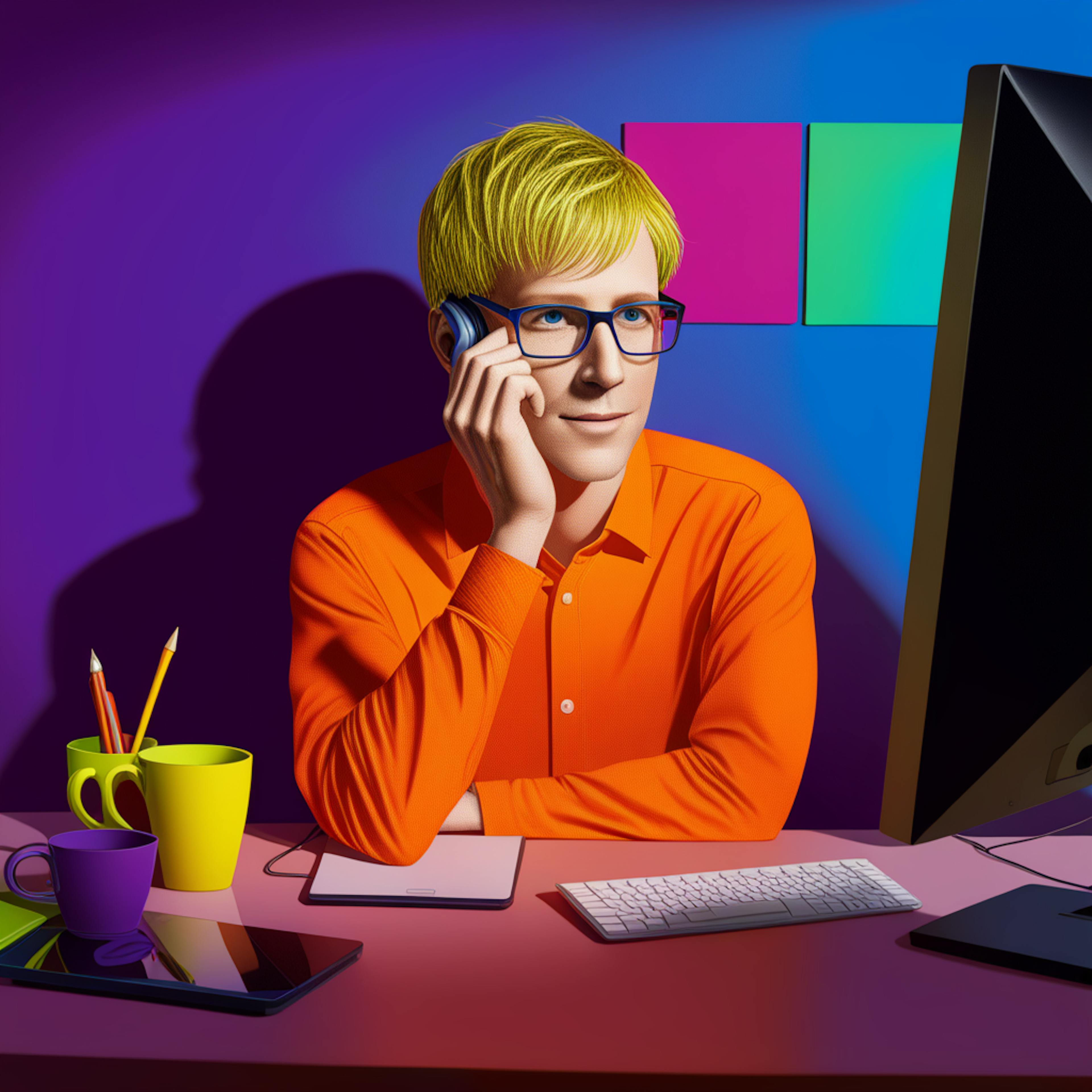 A man with blonde hair, wearing an orange shirt, sits at his desk working on a computer, surrounded by colorful objects like mugs and pencils. This image represents the productivity boost provided by content creation AI, helping individuals craft and manage content with enhanced precision.