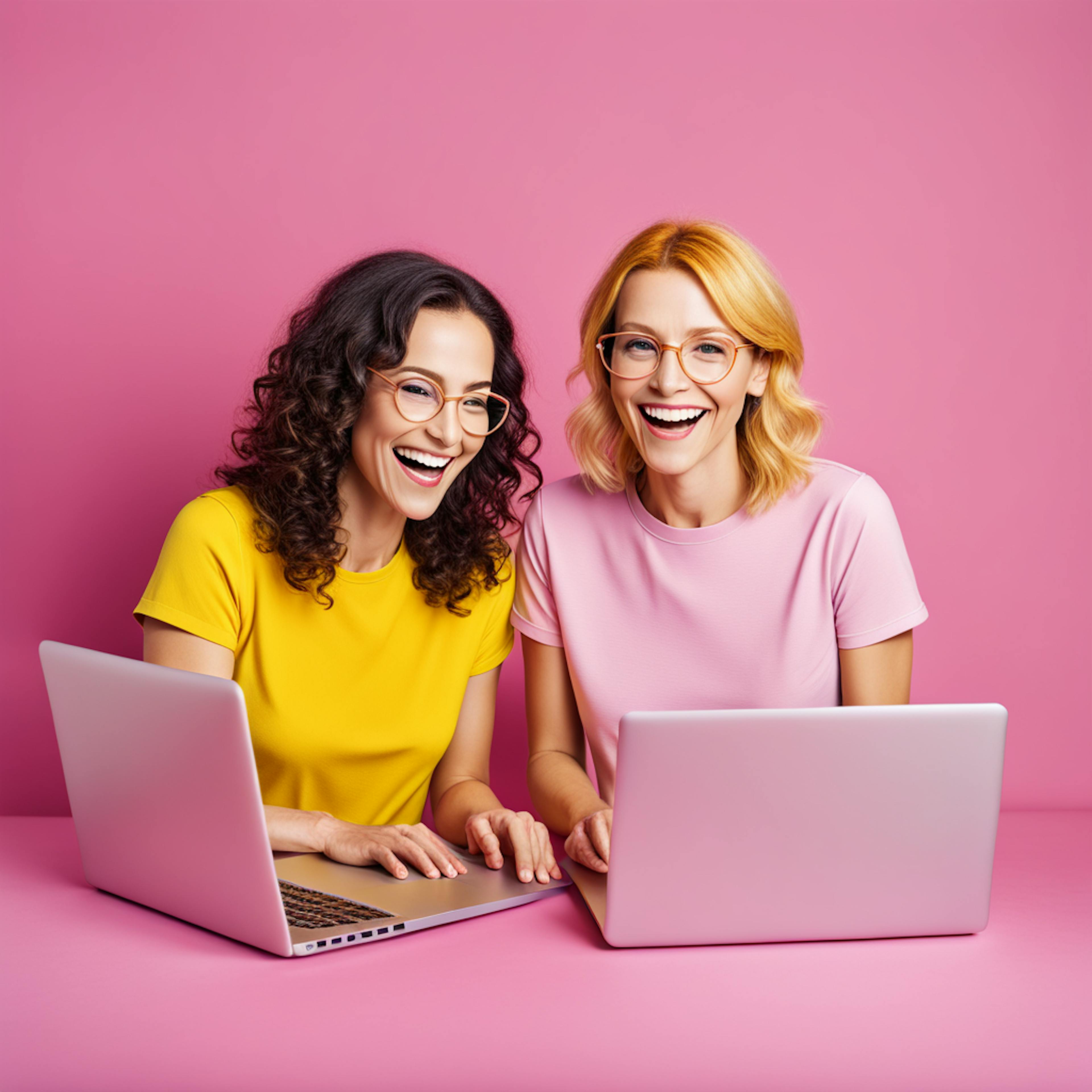 Two women sit side by side, both smiling and working on their laptops against a bright pink background. This cheerful image represents the collaborative and creative energy fostered by content creation AI, enabling teams to generate ideas and strategies more efficiently.