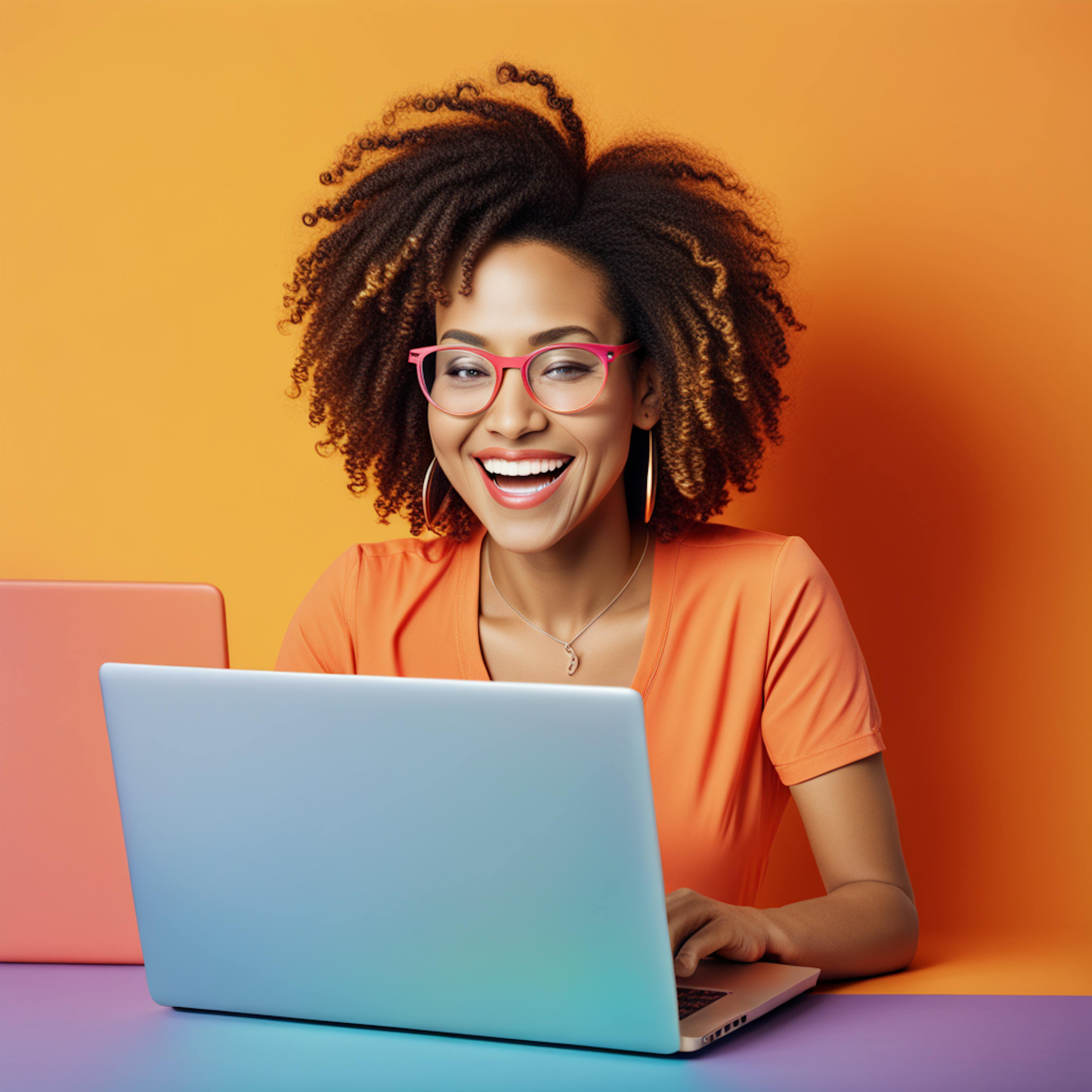 A woman with curly hair and bright red glasses smiles while working on her laptop against a vibrant orange background. This image highlights the ease and fun of using content creation AI tools to streamline digital marketing and content production.