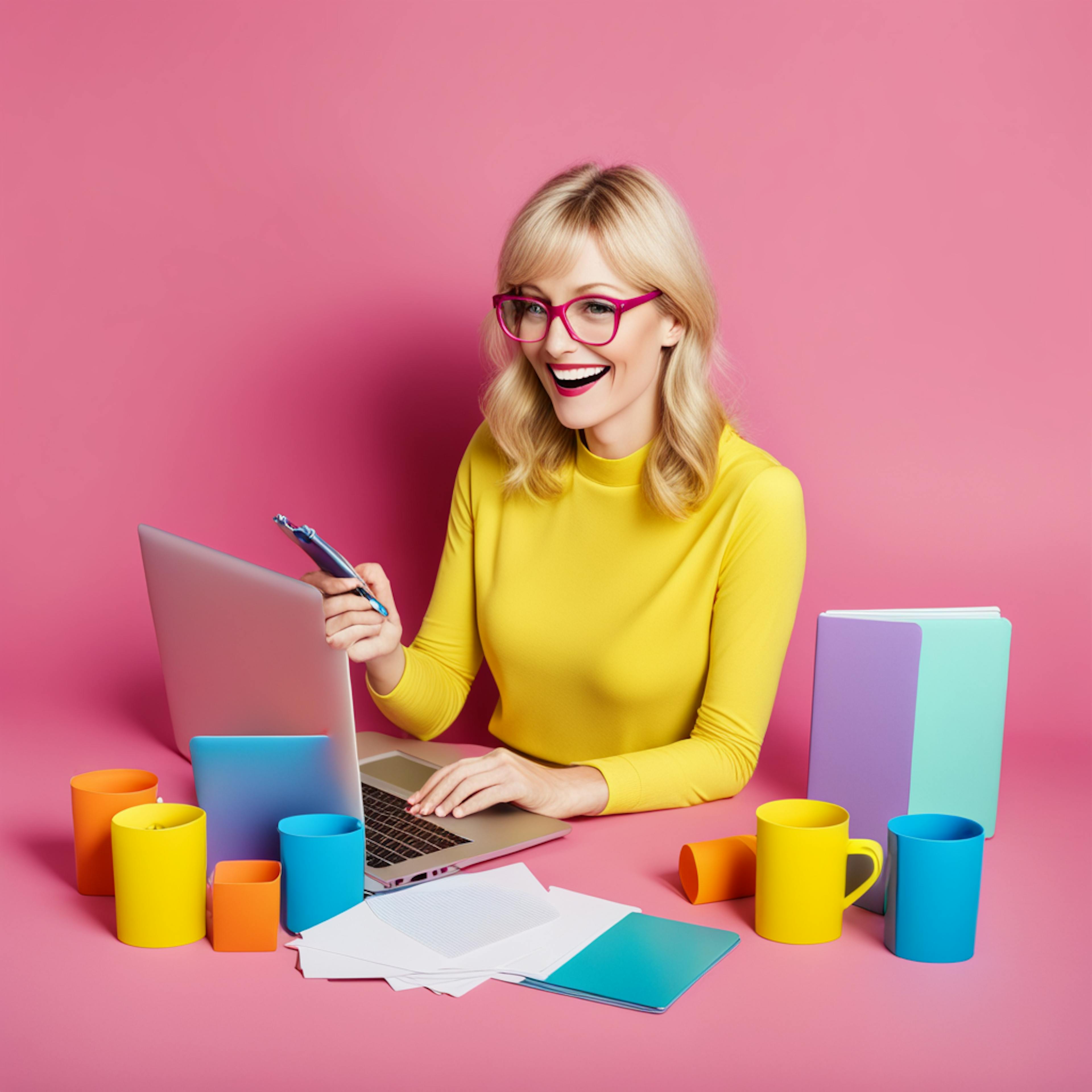 A cheerful woman wearing a yellow top and pink glasses works on her laptop, surrounded by colorful mugs, notebooks, and stationery against a bright pink background. This image emphasizes a fun, organized workspace perfect for managing a blog content calendar and keeping track of publishing schedules.