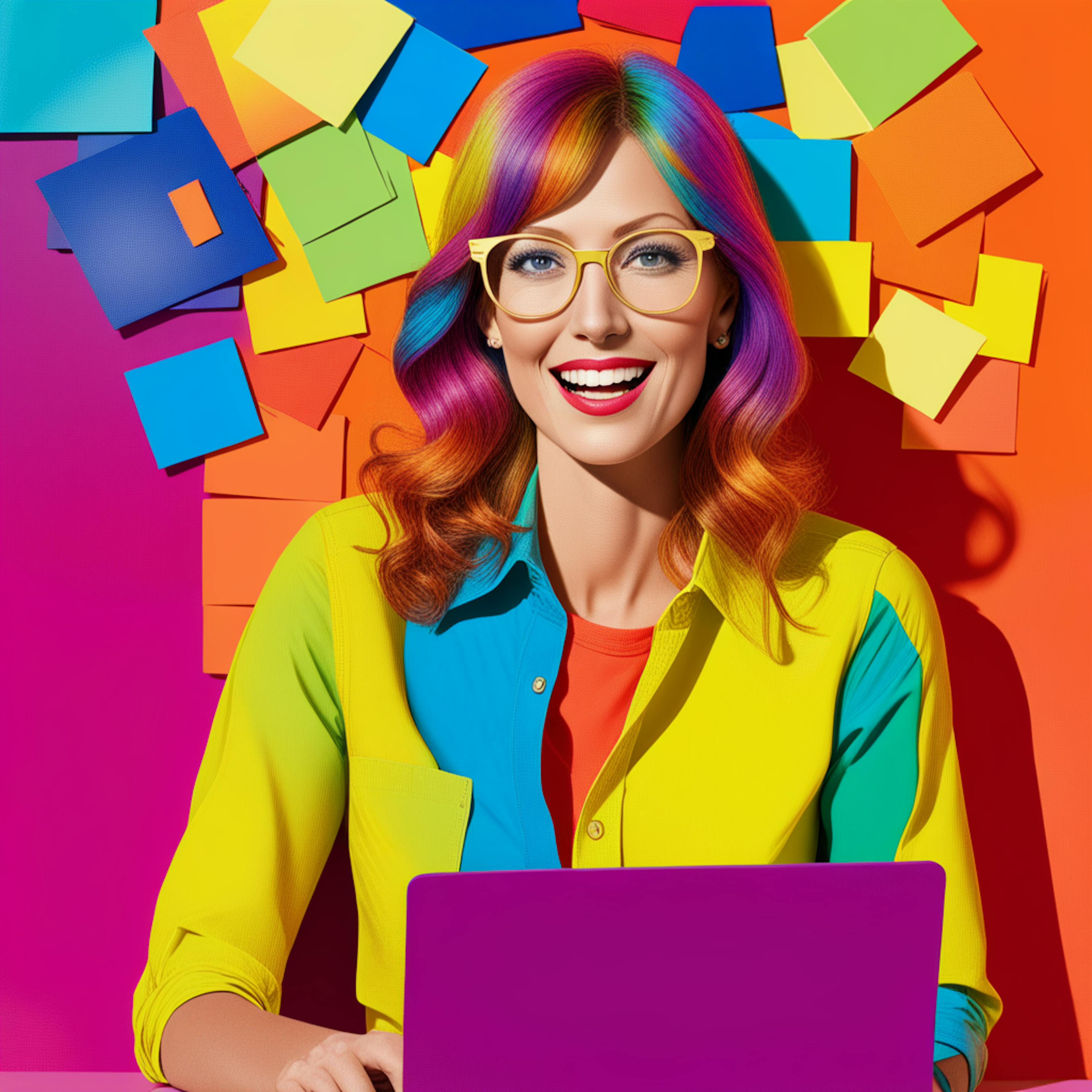 A vibrant woman with rainbow-colored hair and yellow glasses smiles while working on her laptop, surrounded by colorful sticky notes on the wall. This image represents creativity and organization, ideal for illustrating the use of a blog content calendar to plan and schedule posts efficiently.