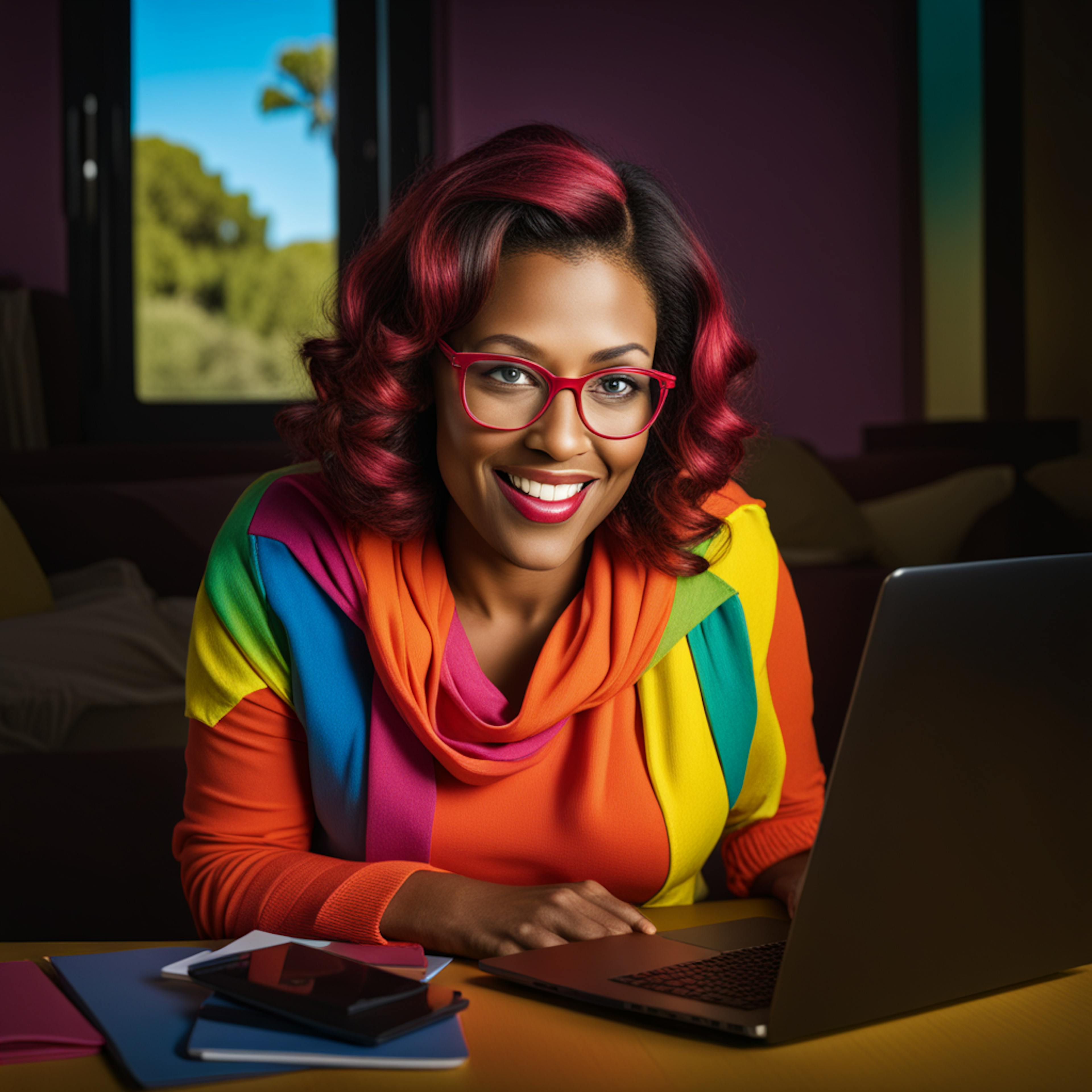 A woman in a colorful, rainbow-themed outfit sits at a desk with a laptop, smiling warmly at the camera. The vibrant environment reflects a well-structured, creative process for managing a blog content calendar, helping to keep content planning on track.