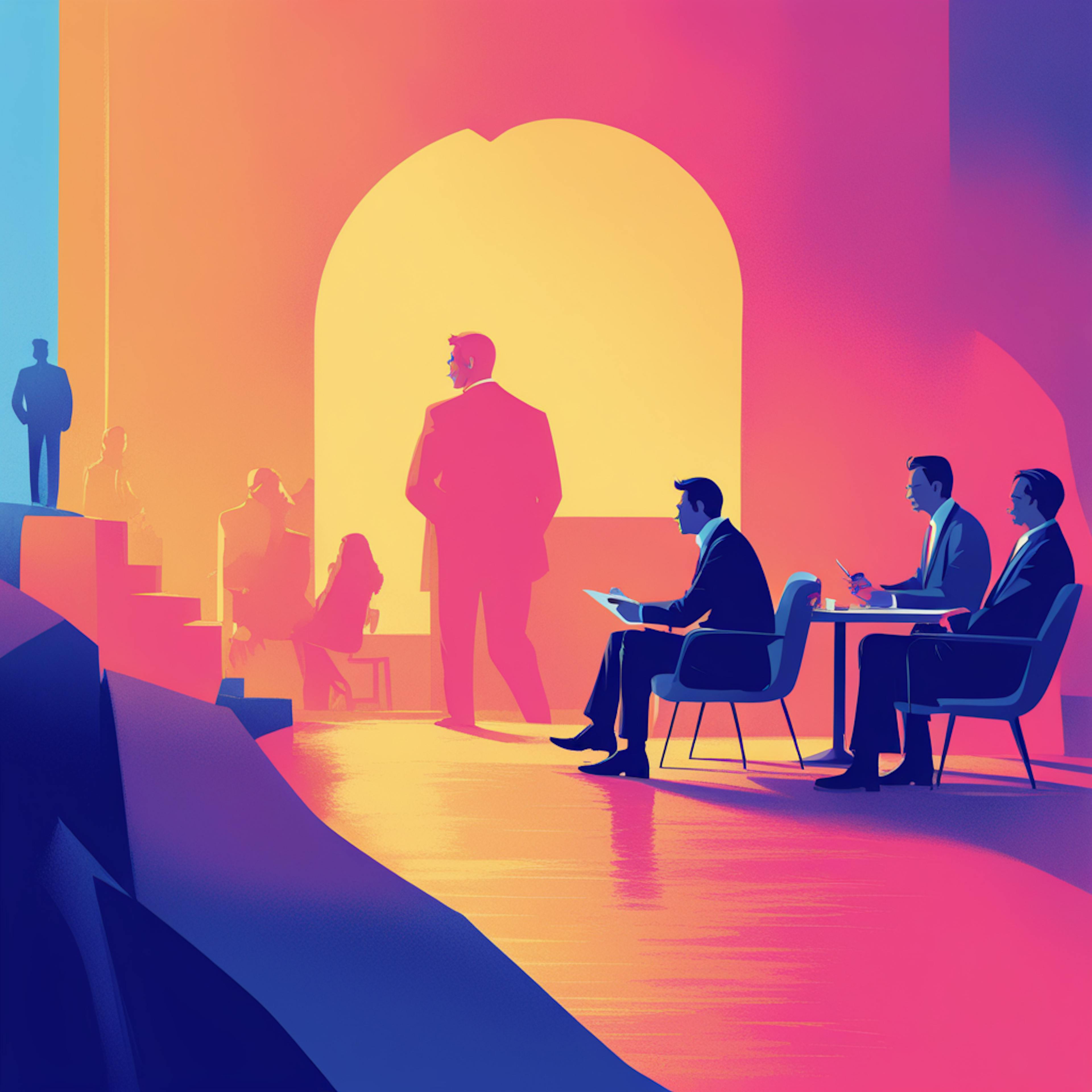 Business people are seen waiting and having discussions in a modern, colorful lobby setting, with a silhouette walking towards a bright exit. This image suggests decision-making processes and the search for the best software for email marketing to enhance business communications.