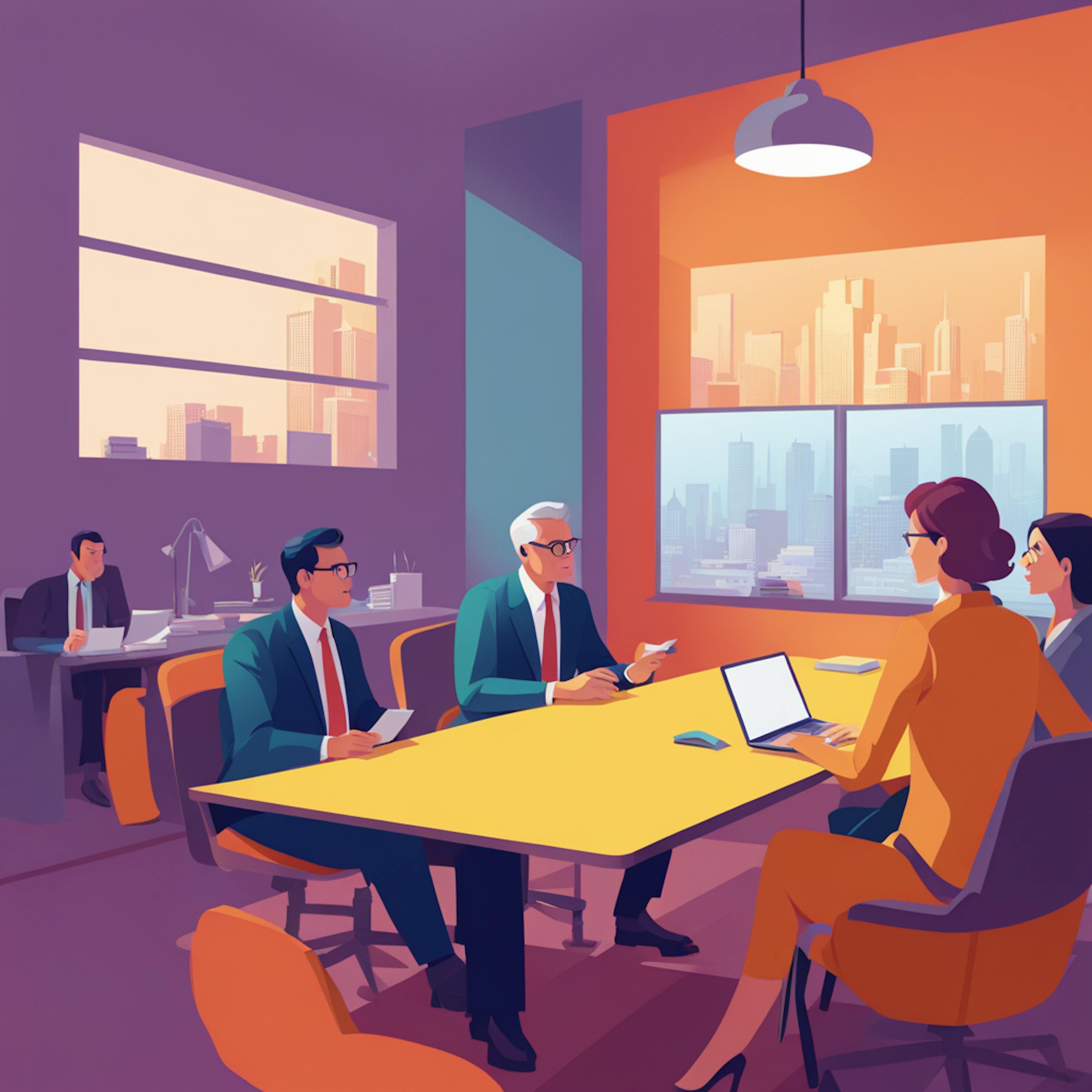 A group of business professionals sits in a meeting room with a large window offering a view of the city skyline. This image represents the high-level discussions involved in selecting the best software for email marketing, focusing on performance metrics and campaign efficiency.