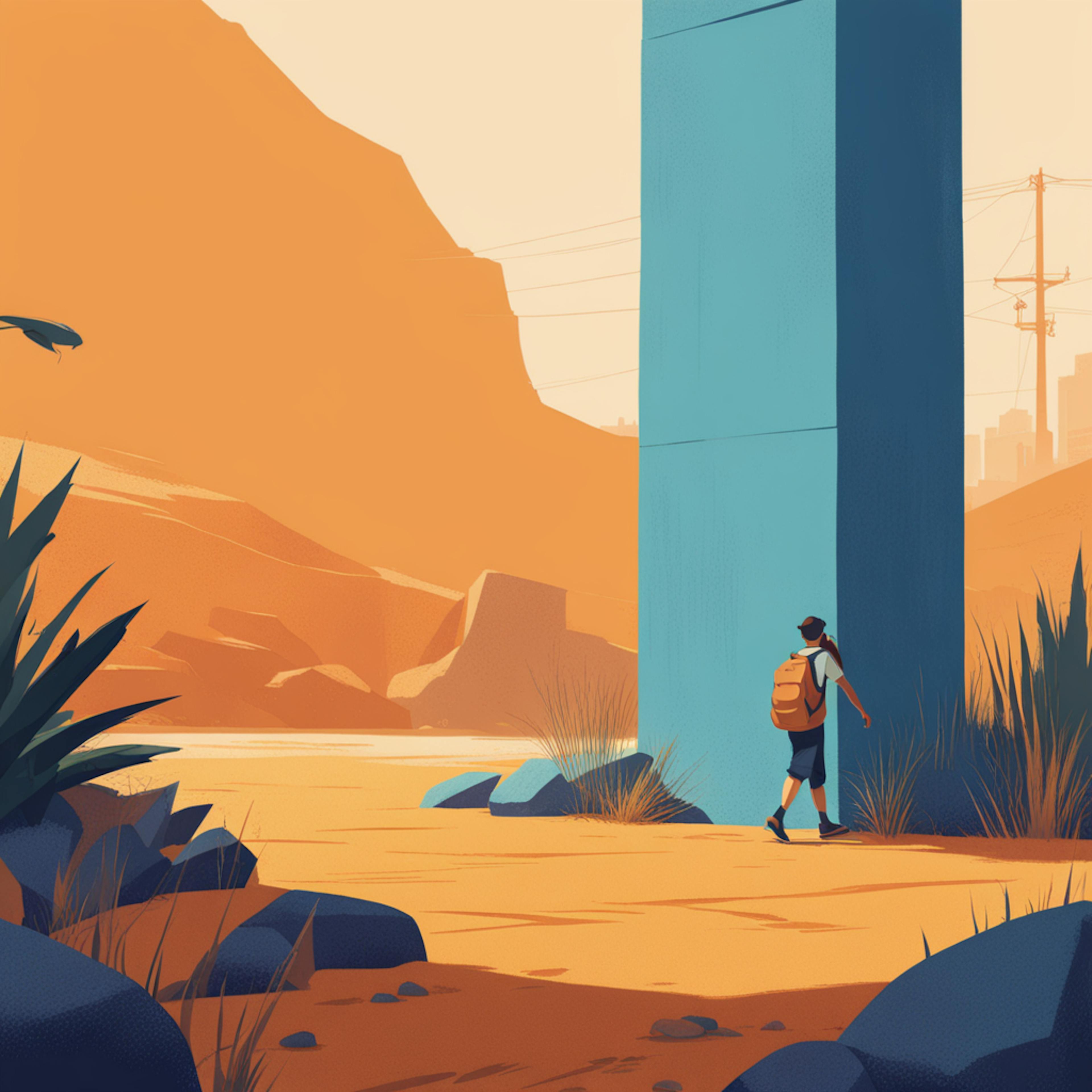 A traveler with a backpack walks toward a towering pillar in a desert setting, with mountains and rocky terrain in the distance. This image represents the exploratory nature of blogging, where content creators venture into new territories to discover unique topics and perspectives.