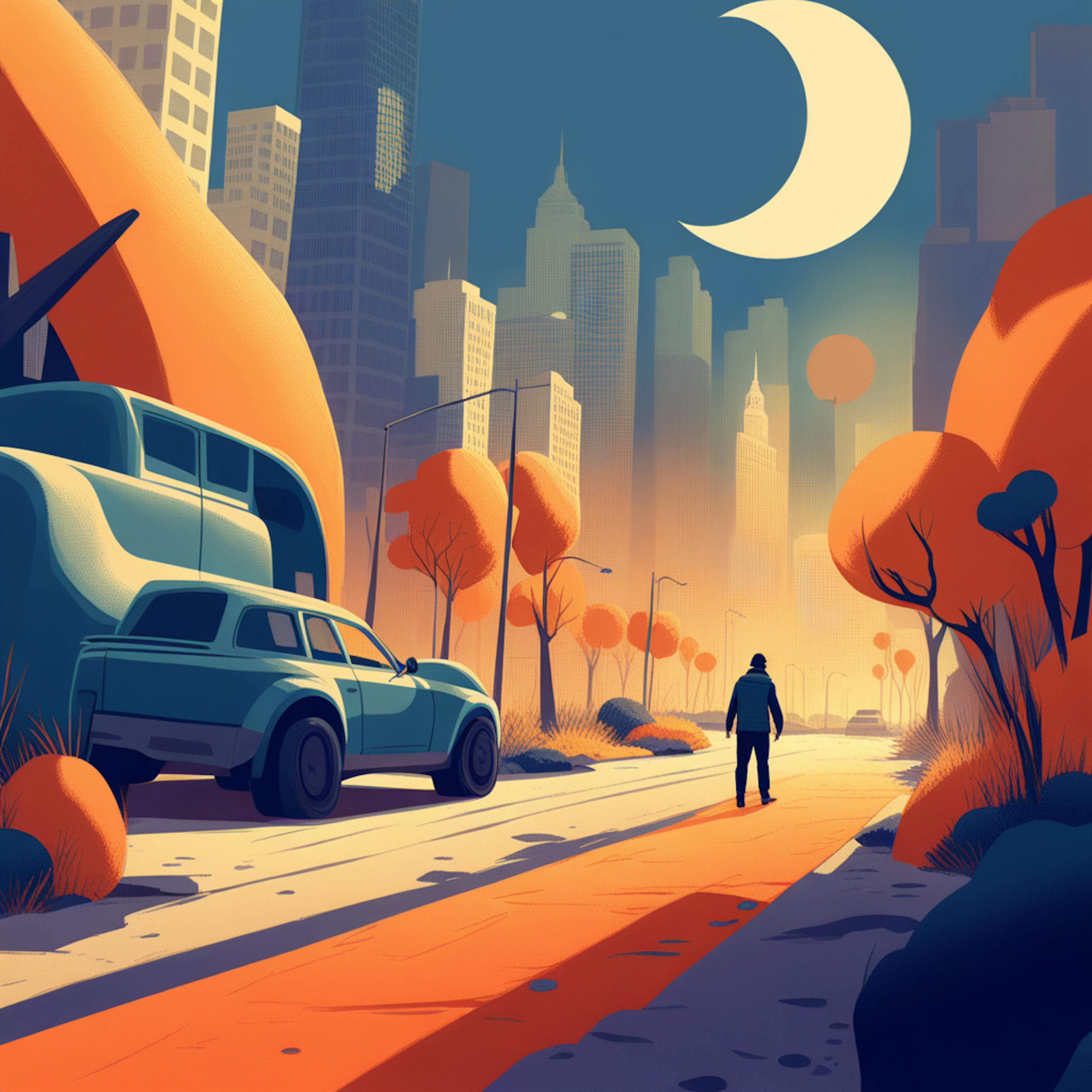 A lone figure walks down a city street at night, with tall buildings and vibrant orange trees illuminated by the crescent moon. This image evokes the solitude and creativity often associated with late-night blogging, where inspiration strikes in quiet moments.