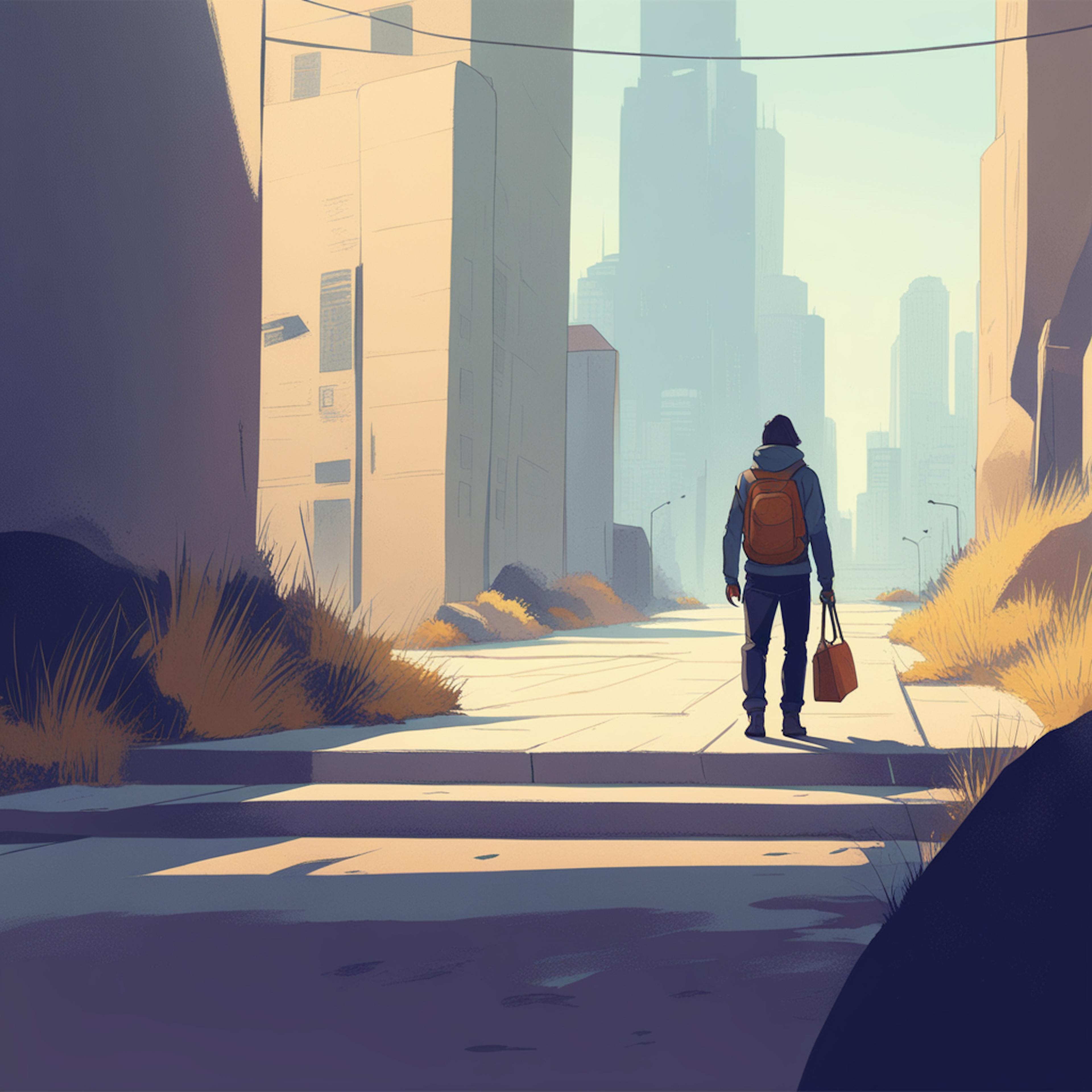 A figure with a backpack and shopping bag walks through an empty urban street surrounded by tall, shadowy buildings. This image symbolizes the journey of a blogger navigating through a vast digital landscape, searching for content ideas or inspiration in a quiet world.