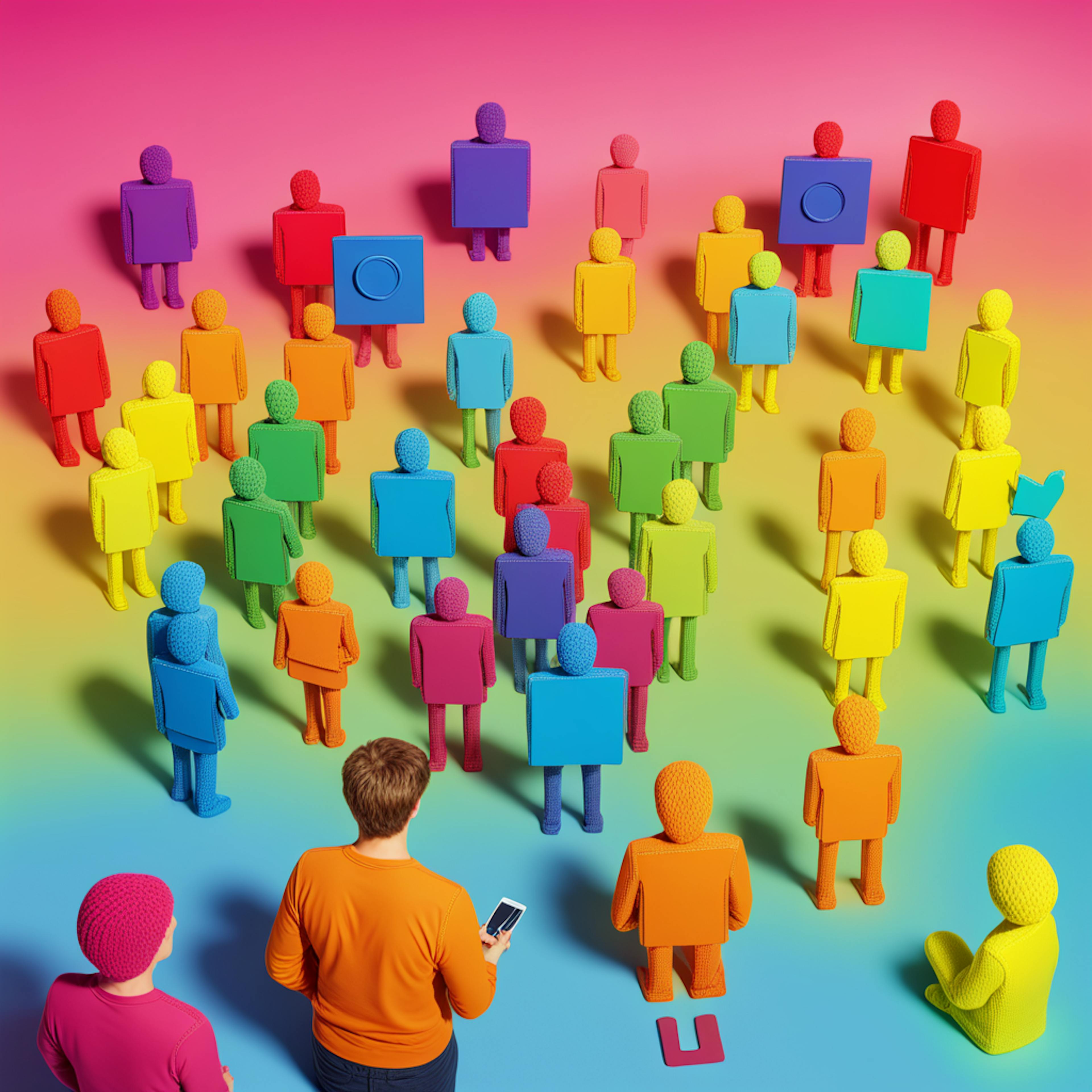 A group of colorful figures, some with square and circle shapes, stand together observing two figures holding a mobile device. This image illustrates a digital audience interaction, ideal for representing content marketing efforts and engagement on social media.