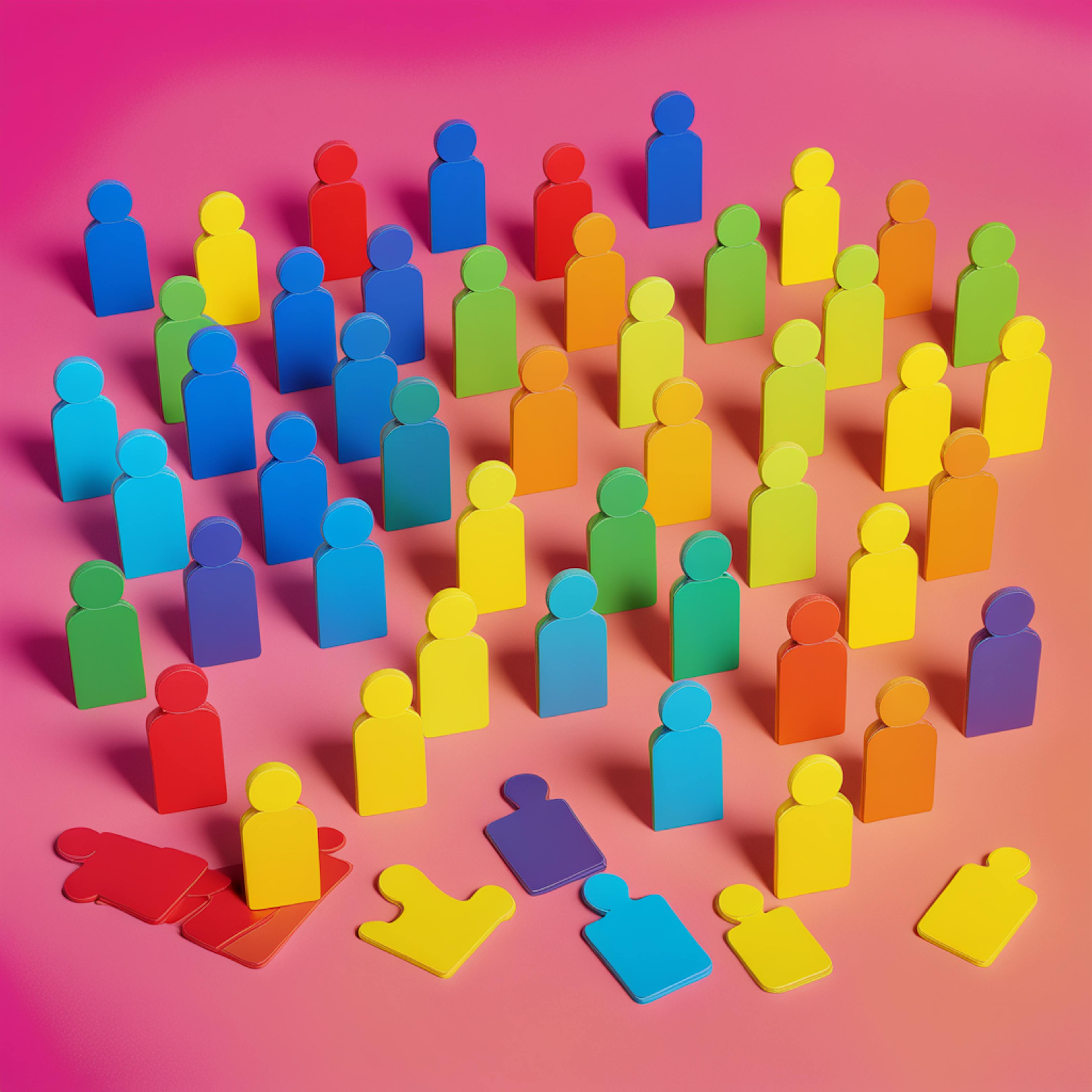 A vibrant collection of colorful figures arranged in groups, symbolizing diverse audiences in content marketing campaigns. This image reflects the variety and segmentation of target audiences in social media strategies for effective content marketing.