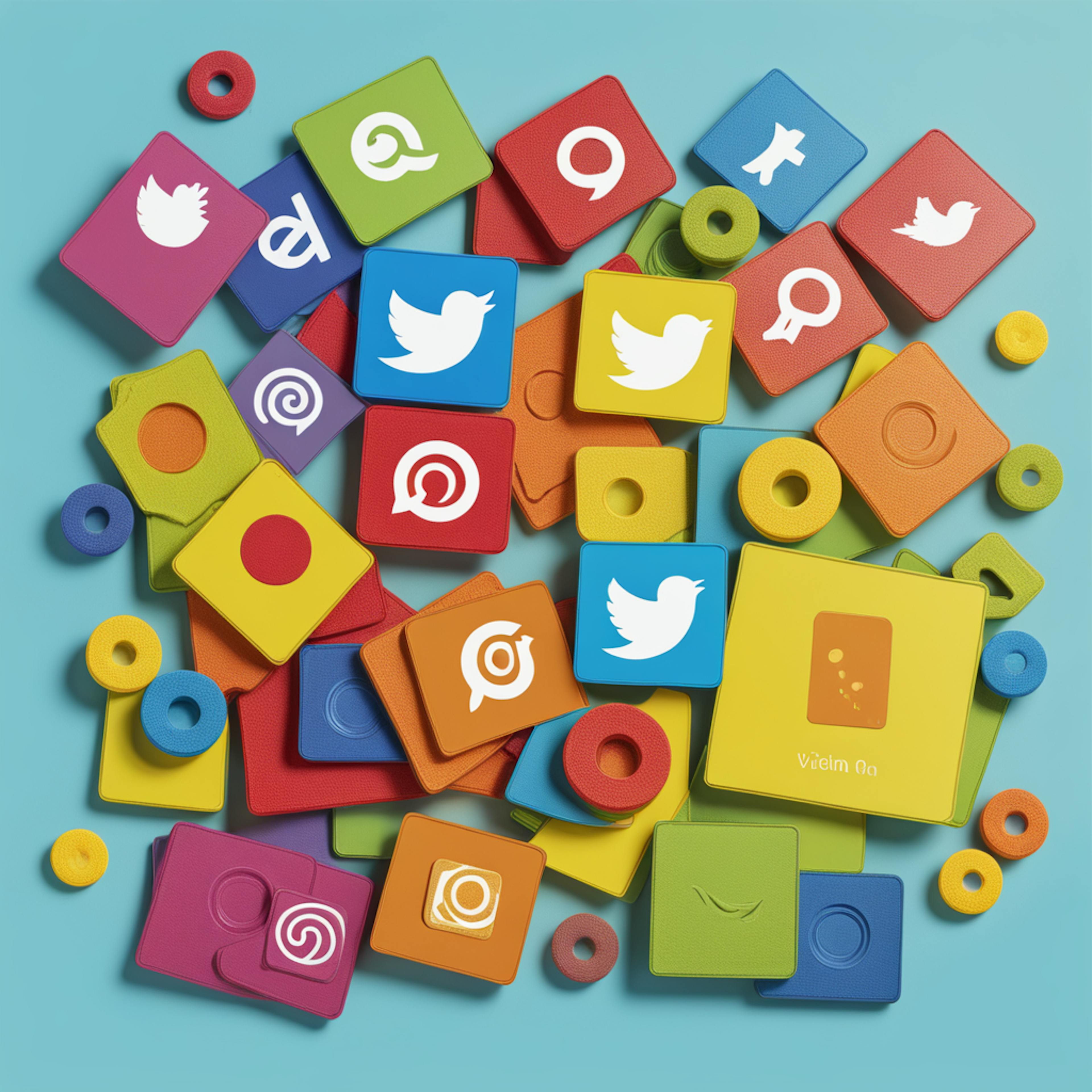 A playful assortment of colorful blocks featuring various social media platform logos, scattered across a light blue background. This image highlights the multi-platform approach used in content marketing through social media to reach and engage different audiences.