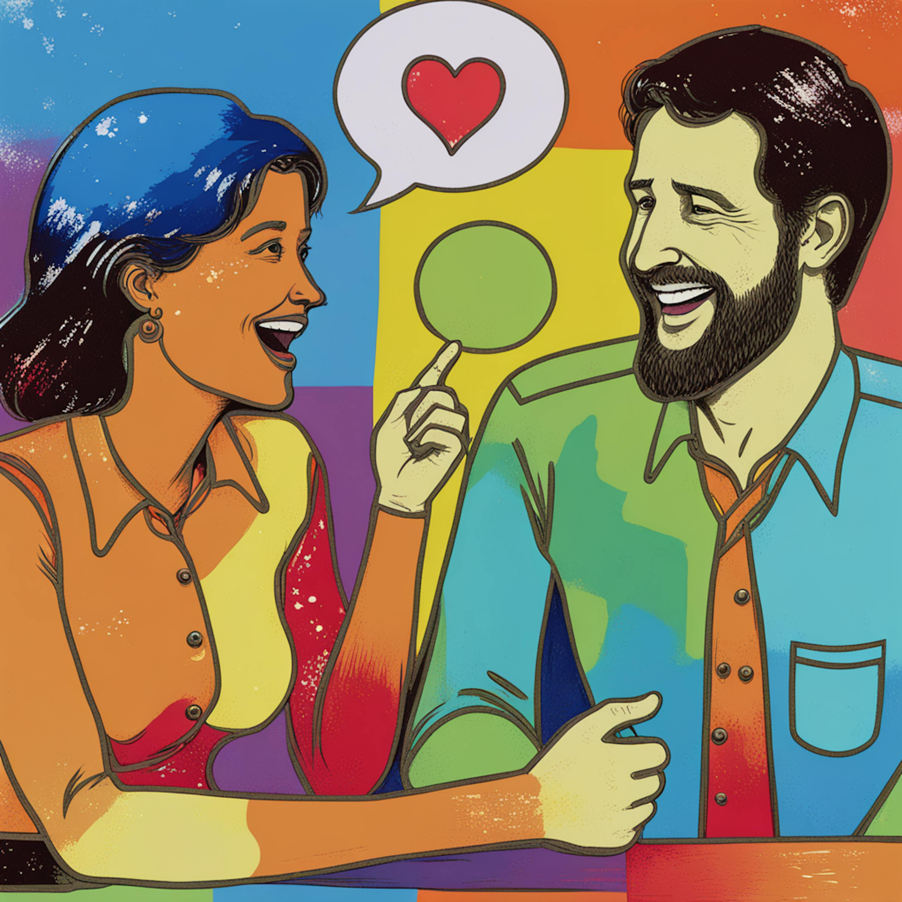 A colorful pop-art style illustration featuring two people engaged in a lively conversation. One person is smiling while pointing to a speech bubble with a heart symbol, representing positive communication. This vibrant image can be used to highlight interpersonal skills and creativity essential in a content marketing job description, focusing on engagement and audience interaction.