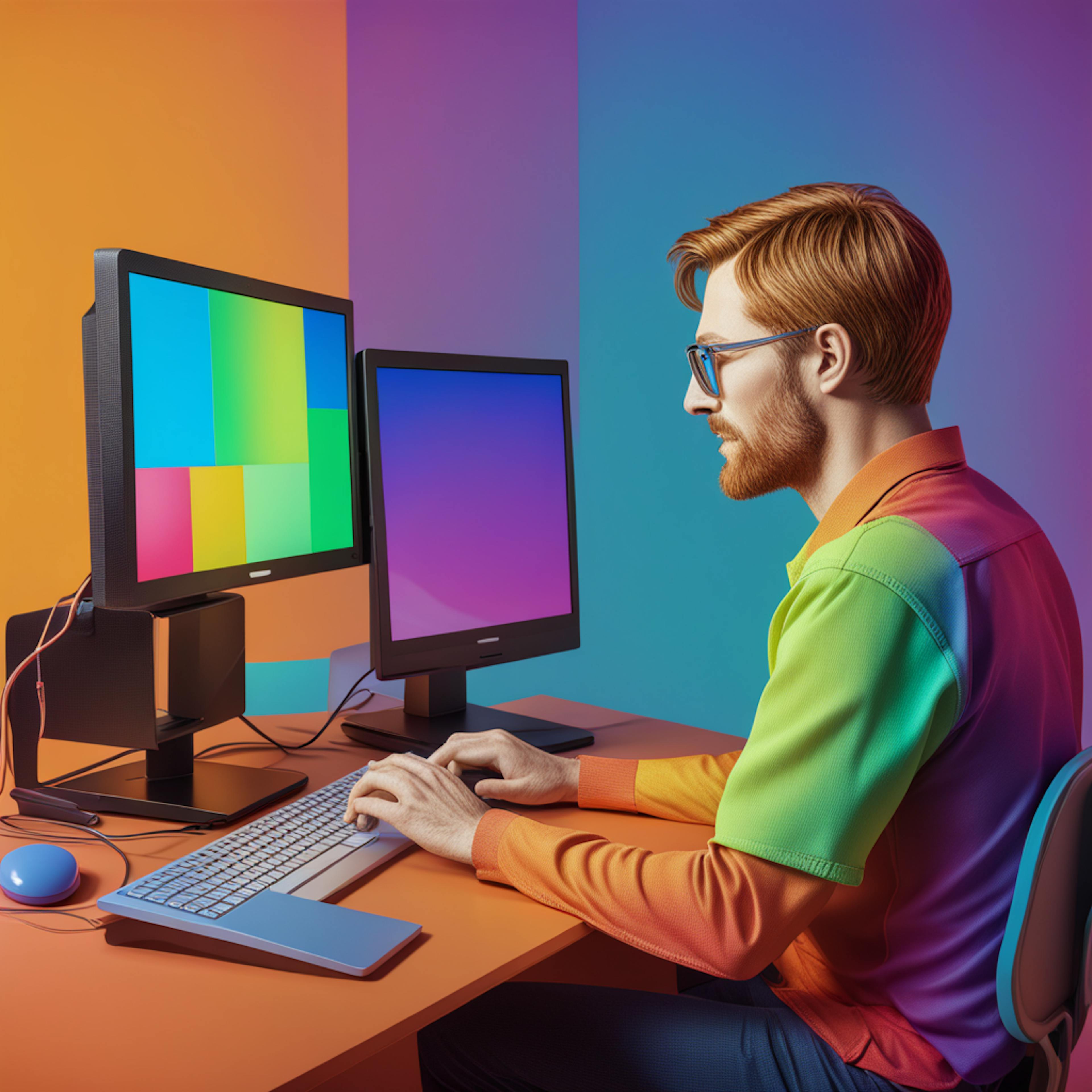 A person intently working at a computer in a room illuminated by colorful lighting, focusing on a screen displaying a gradient of colors. This image represents the creative process of developing a content marketing campaign, highlighting the use of digital tools to engage audiences.