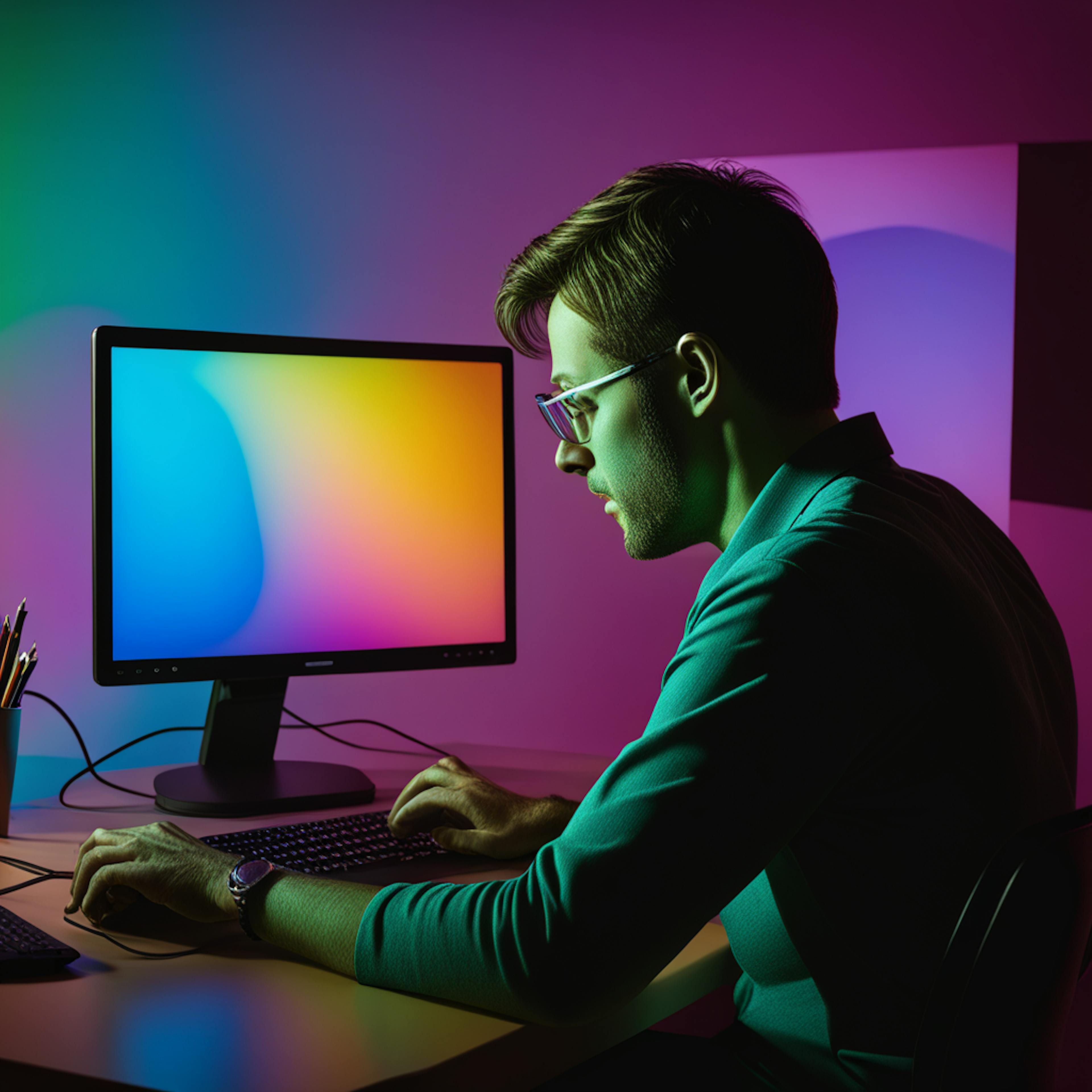 A person with a vibrant, multicolored shirt sits at a desk with dual monitors, both displaying bright and abstract visuals. This image symbolizes the strategic planning and execution of a content marketing campaign, emphasizing the importance of multitasking and design in modern marketing efforts.