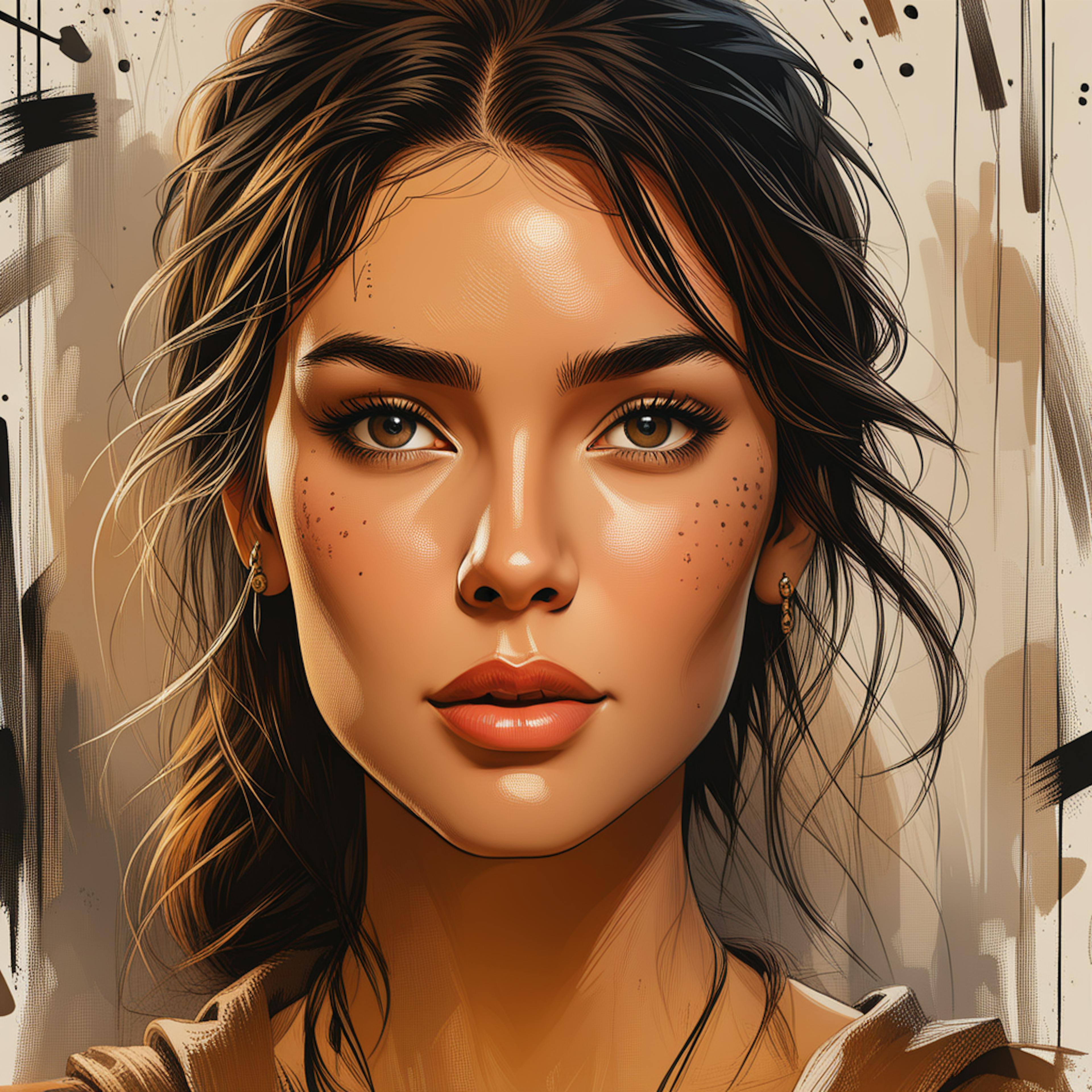 A close-up portrait of a woman with detailed artistic features and expressive eyes, surrounded by abstract brush strokes. This image represents the personal and artistic touch that content marketing agency services offer, blending creativity with strategy to create compelling brand narratives.