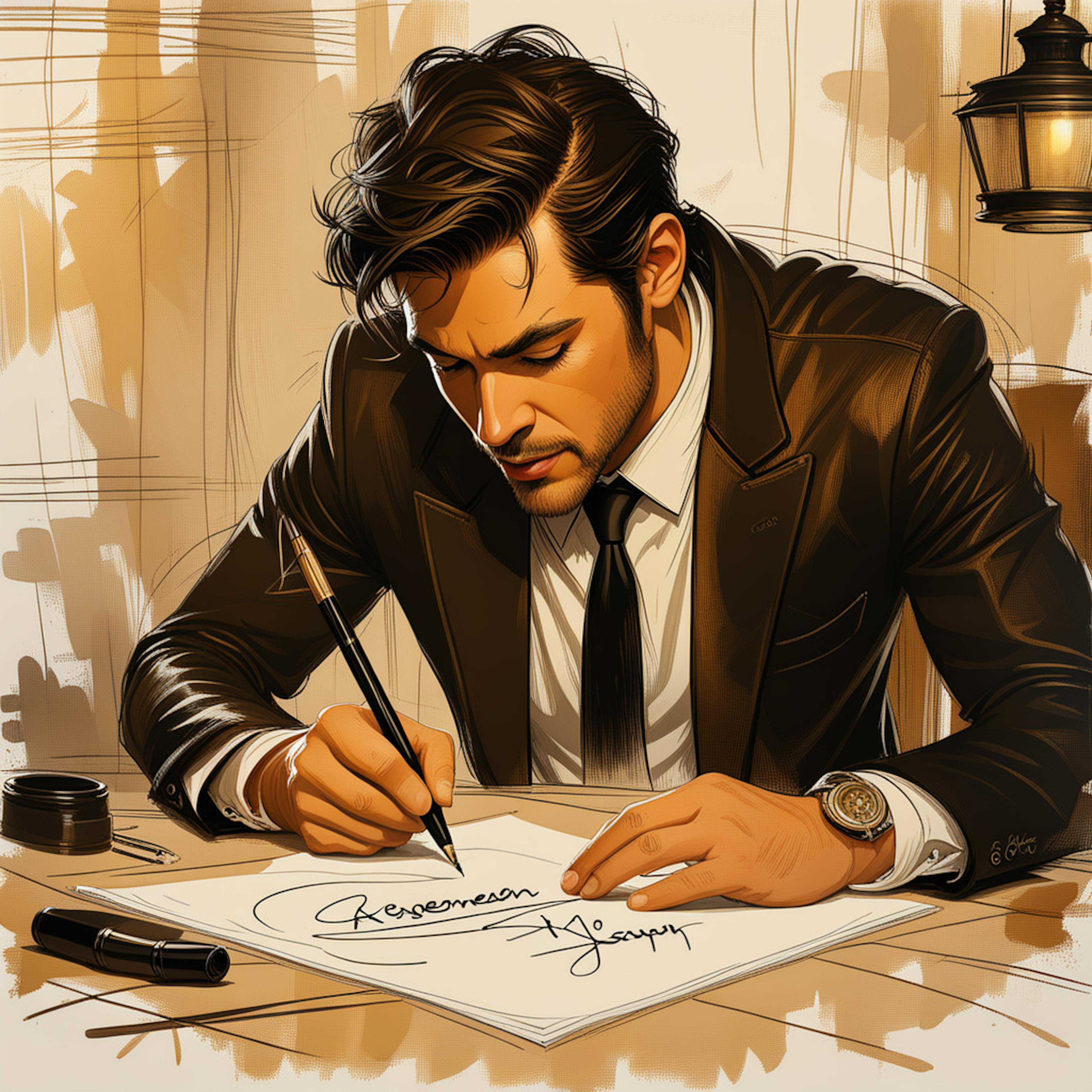 A man in a formal suit focuses on signing a document with a fountain pen at a desk. This image reflects the professionalism and attention to detail offered by content marketing agency services, emphasizing trust and dedication in delivering marketing strategies.