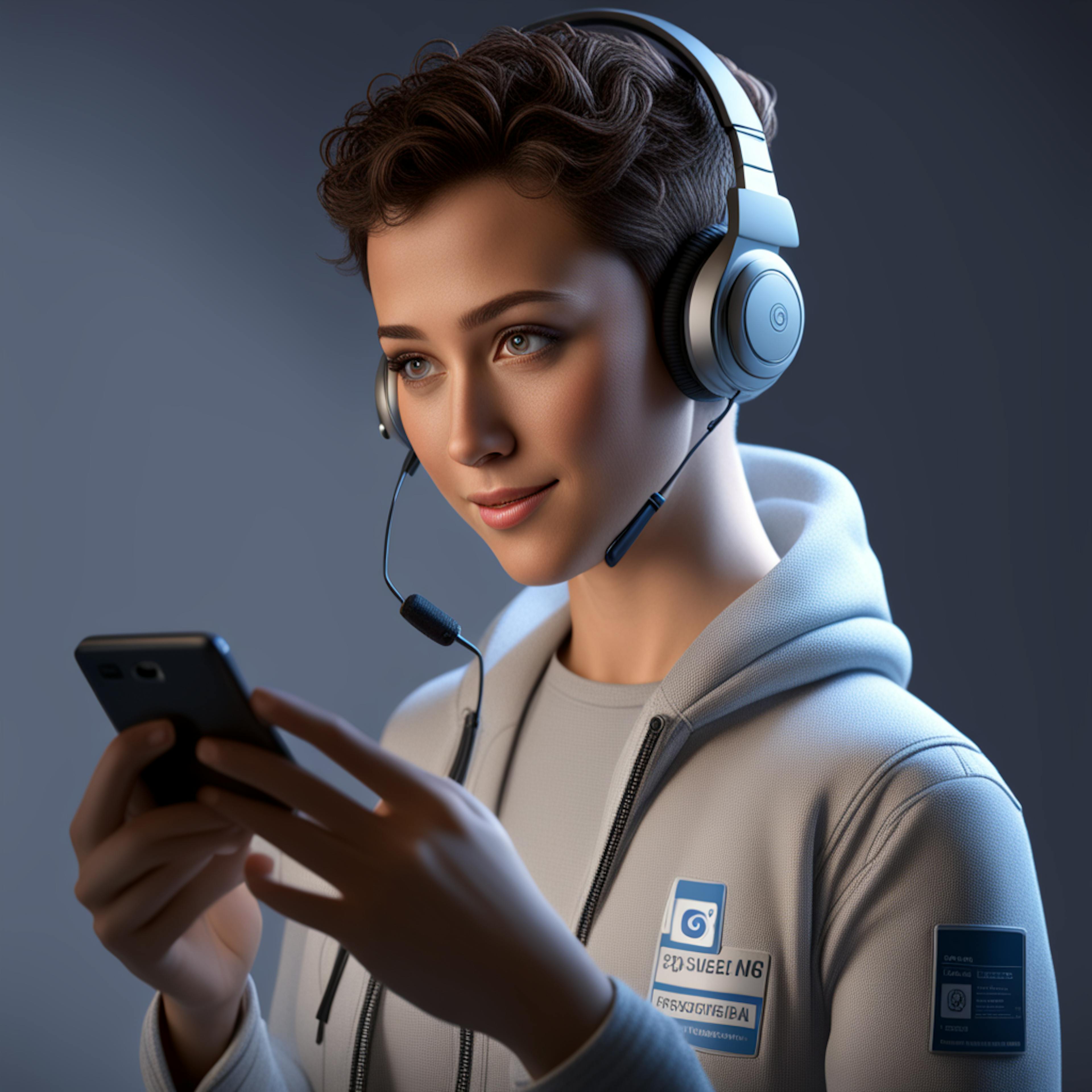 A woman wearing a headset and a tech-branded hoodie looks at her smartphone, ready for communication or collaboration. This image represents a user-friendly platform that offers all AI tools in one website for free, enabling seamless connectivity and multitasking.