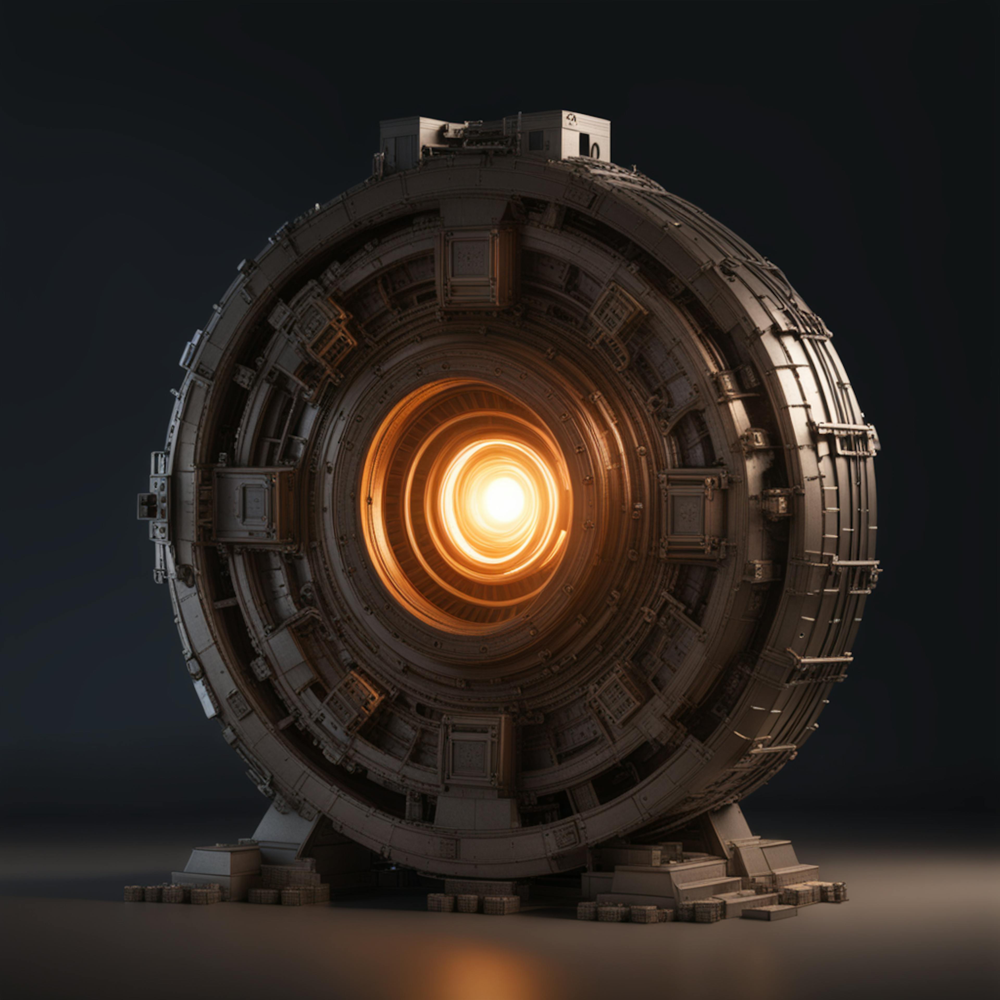 A massive, industrial machine with a glowing circular core in the center, surrounded by intricate mechanical details. Keywords: ai sentence generator, futuristic technology, glowing core, industrial machine.