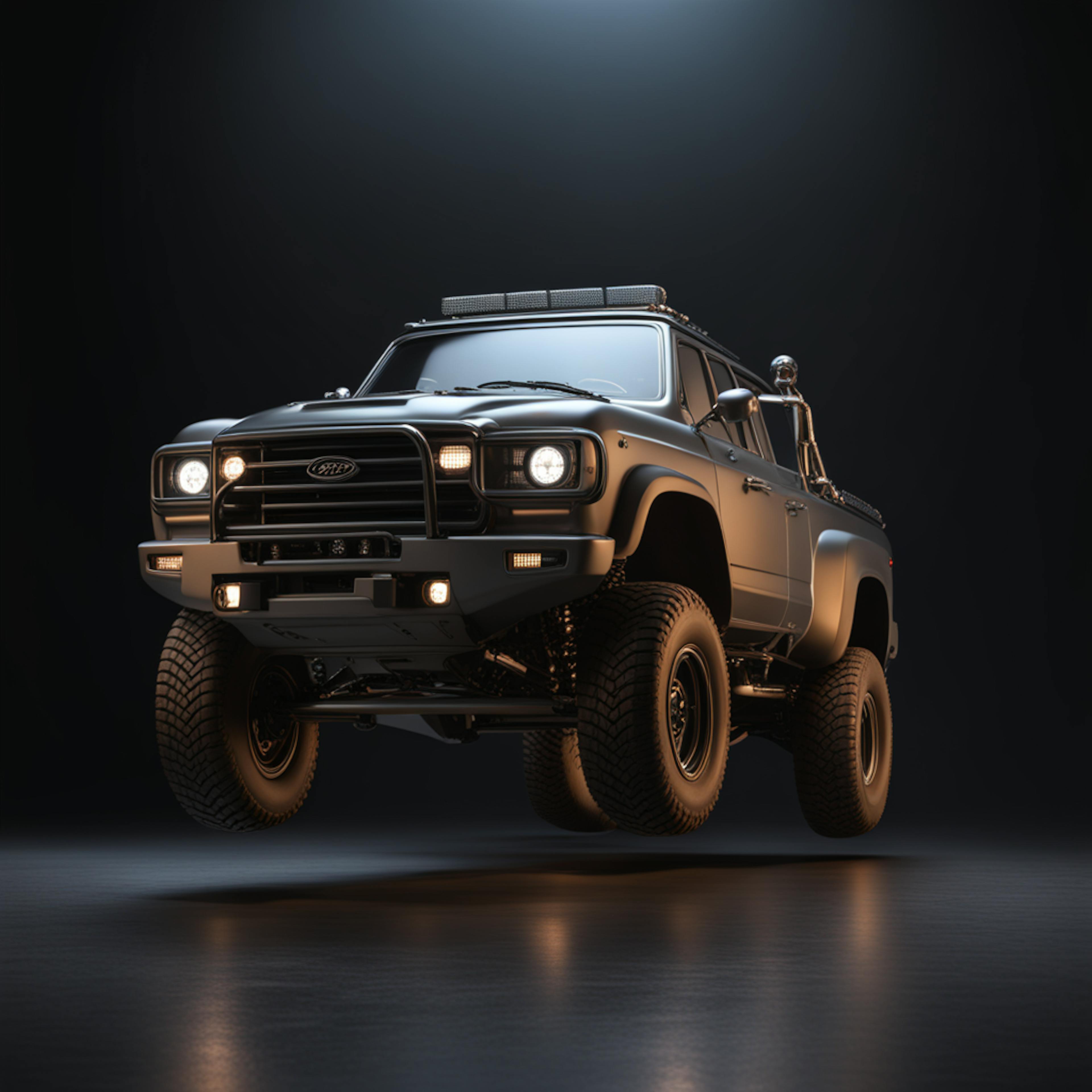 A highly detailed, futuristic black off-road truck, lifted and designed with rugged features, floating slightly above the ground. Keywords: ai sentence generator, futuristic vehicle, off-road truck.