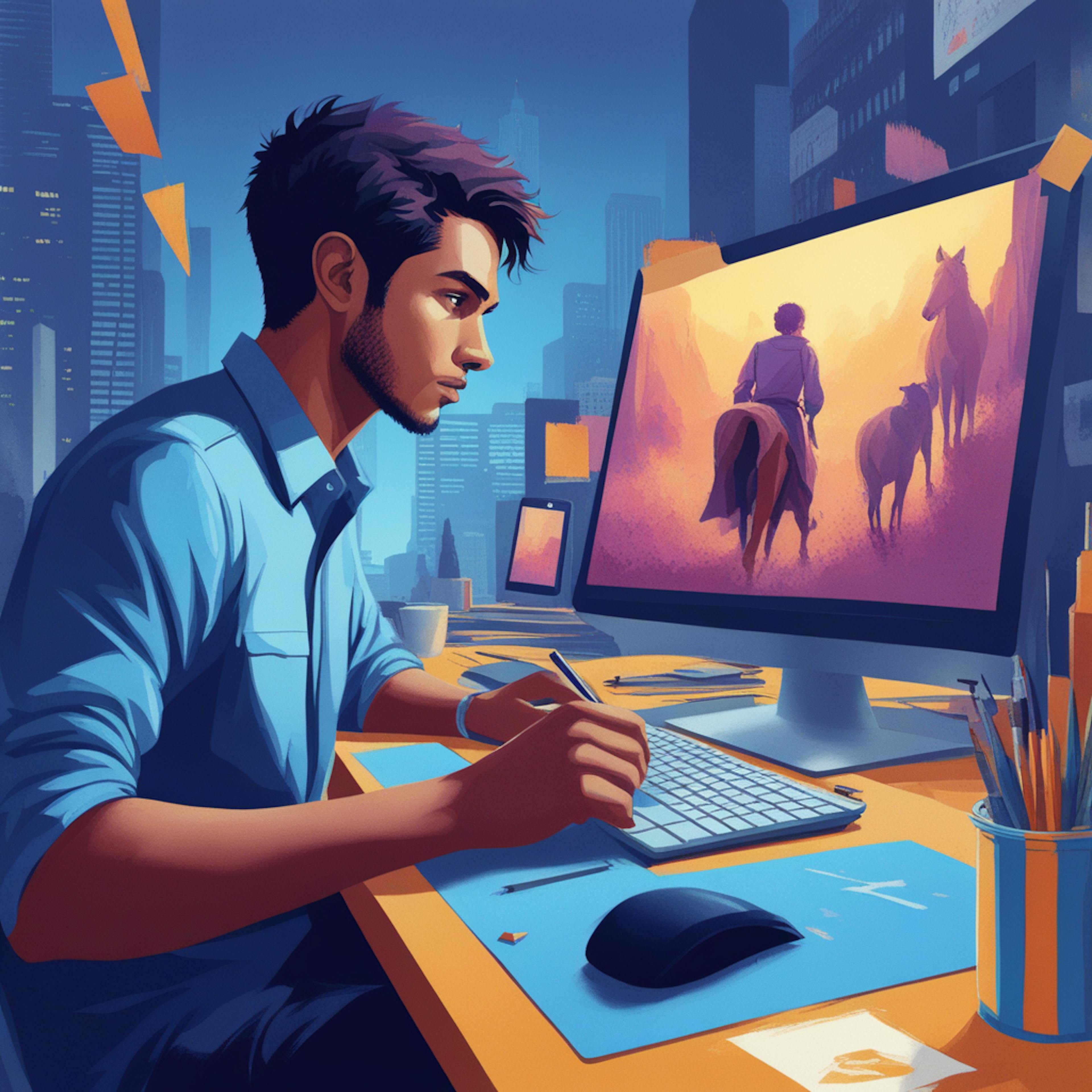 A focused digital artist working on a project, illustrating horses on a high-resolution monitor, with a city skyline visible through the window. Keywords: ai photoshop free.