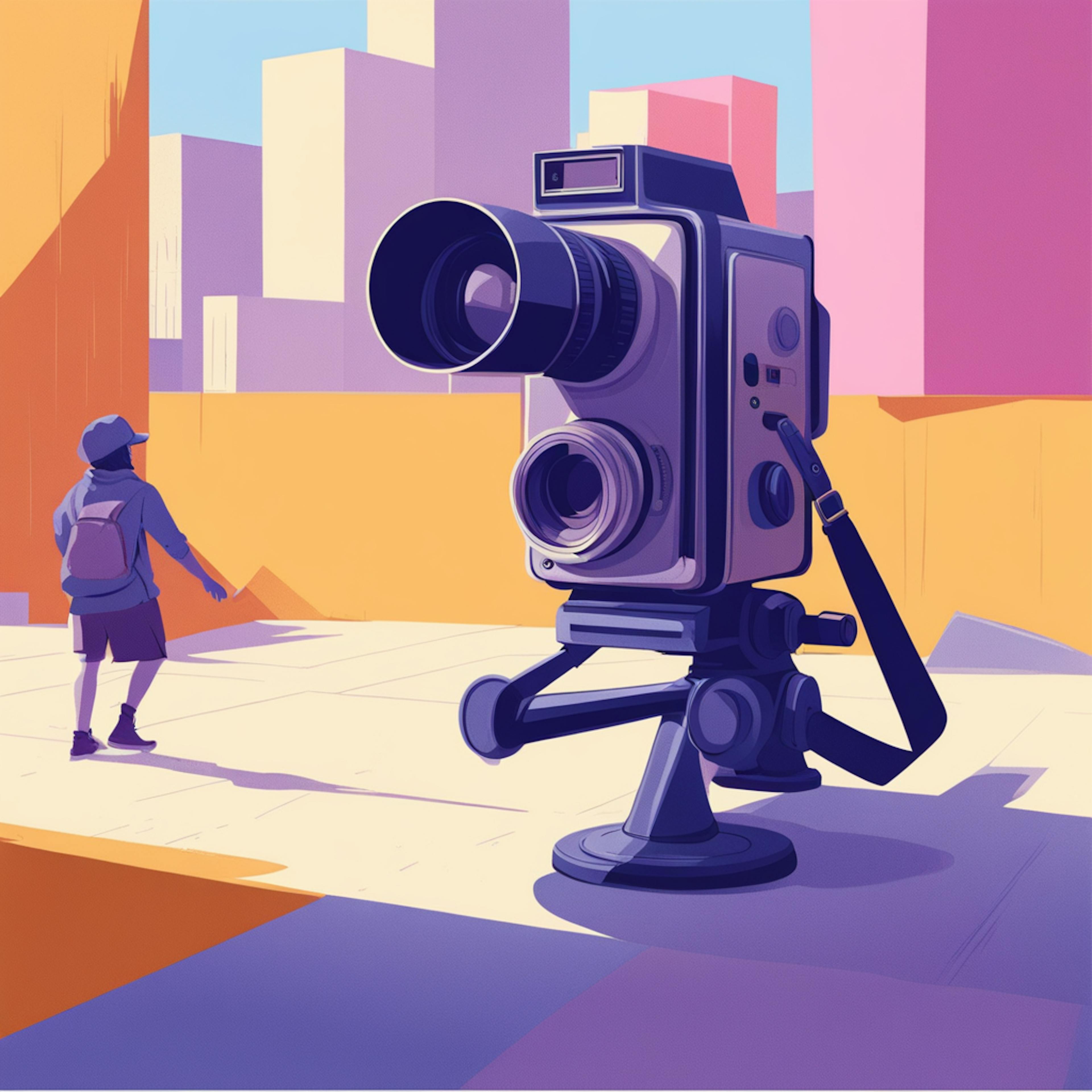 A large retro-style camera positioned in an urban setting, with a lone figure walking toward the horizon, capturing the essence of creativity. Keywords: ai photoshop free.