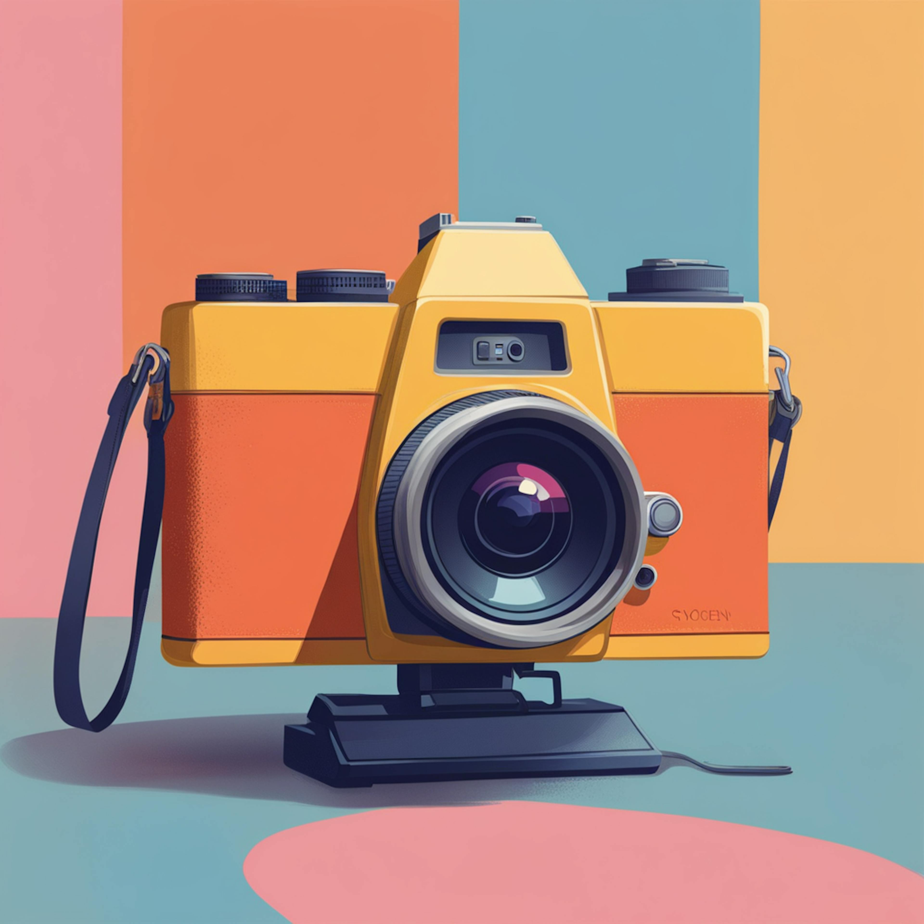 A vibrant, retro-inspired camera in striking shades of yellow and orange, resting on a sleek stand, against a pastel background. Keywords: ai photoshop free.