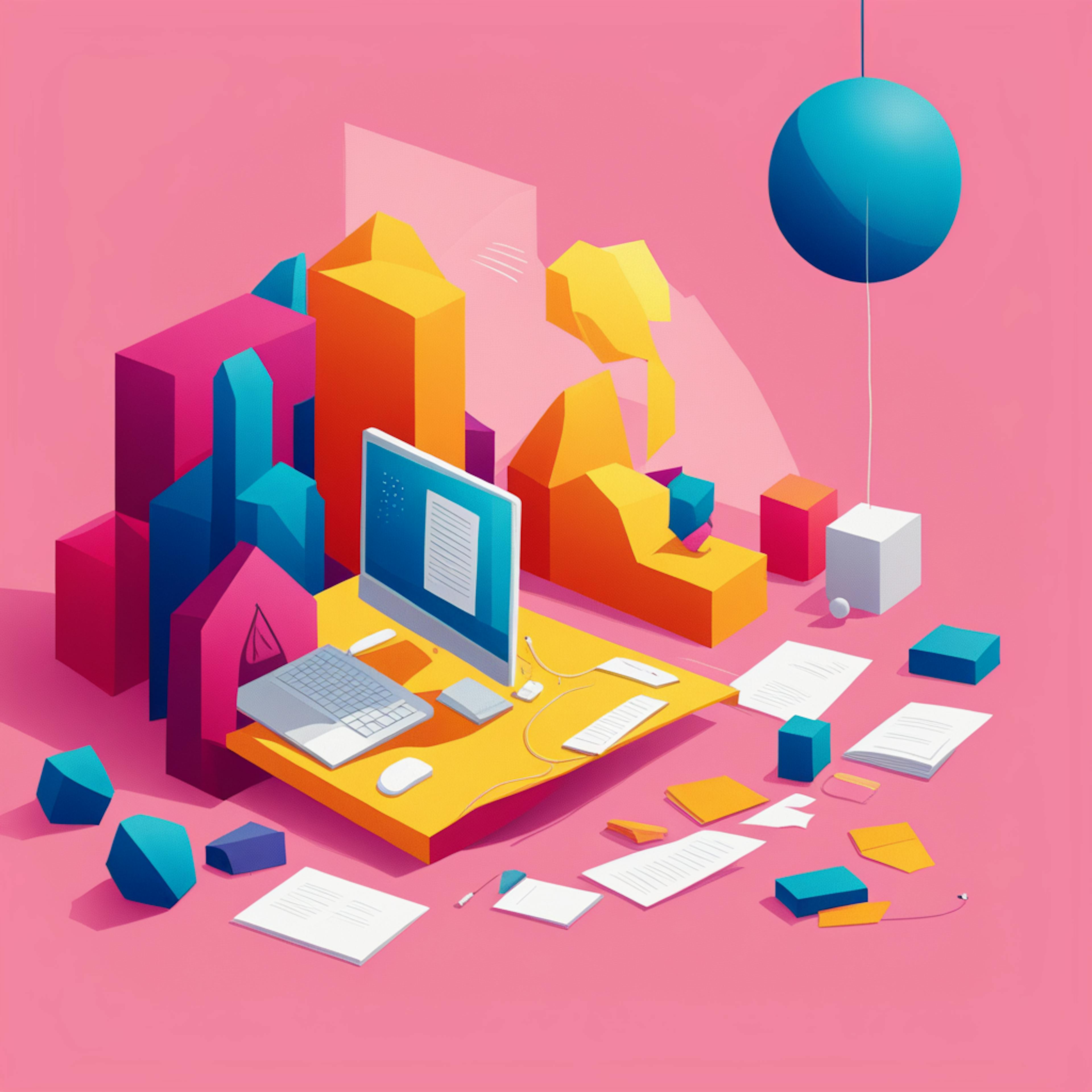 A digital illustration of a colorful workstation with geometric shapes around a computer, highlighting the creative process.