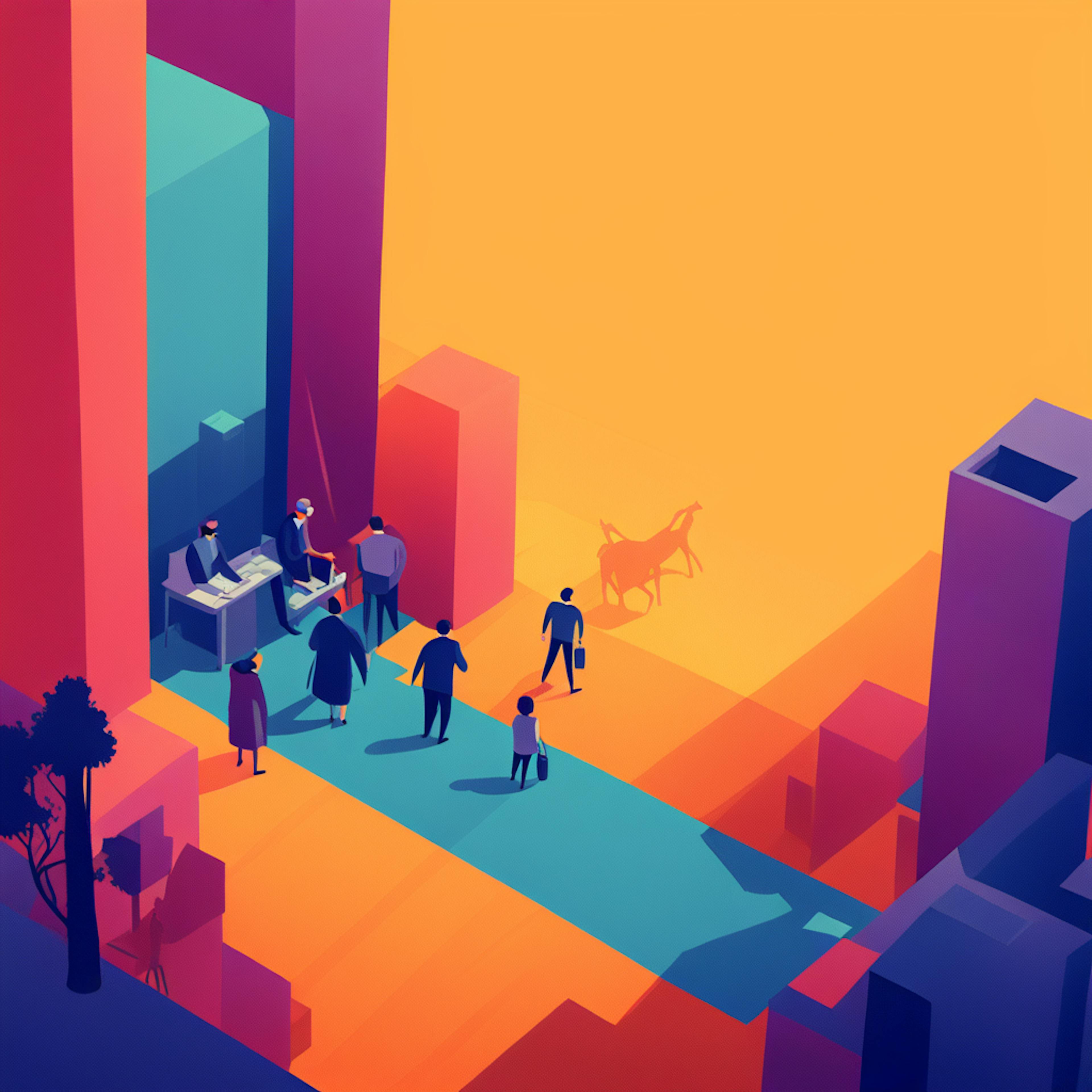 An abstract illustration of people walking in a brightly colored cityscape, suggesting collaboration and communication in a modern environment. Keywords: "AI copywriting, collaboration, digital marketing.