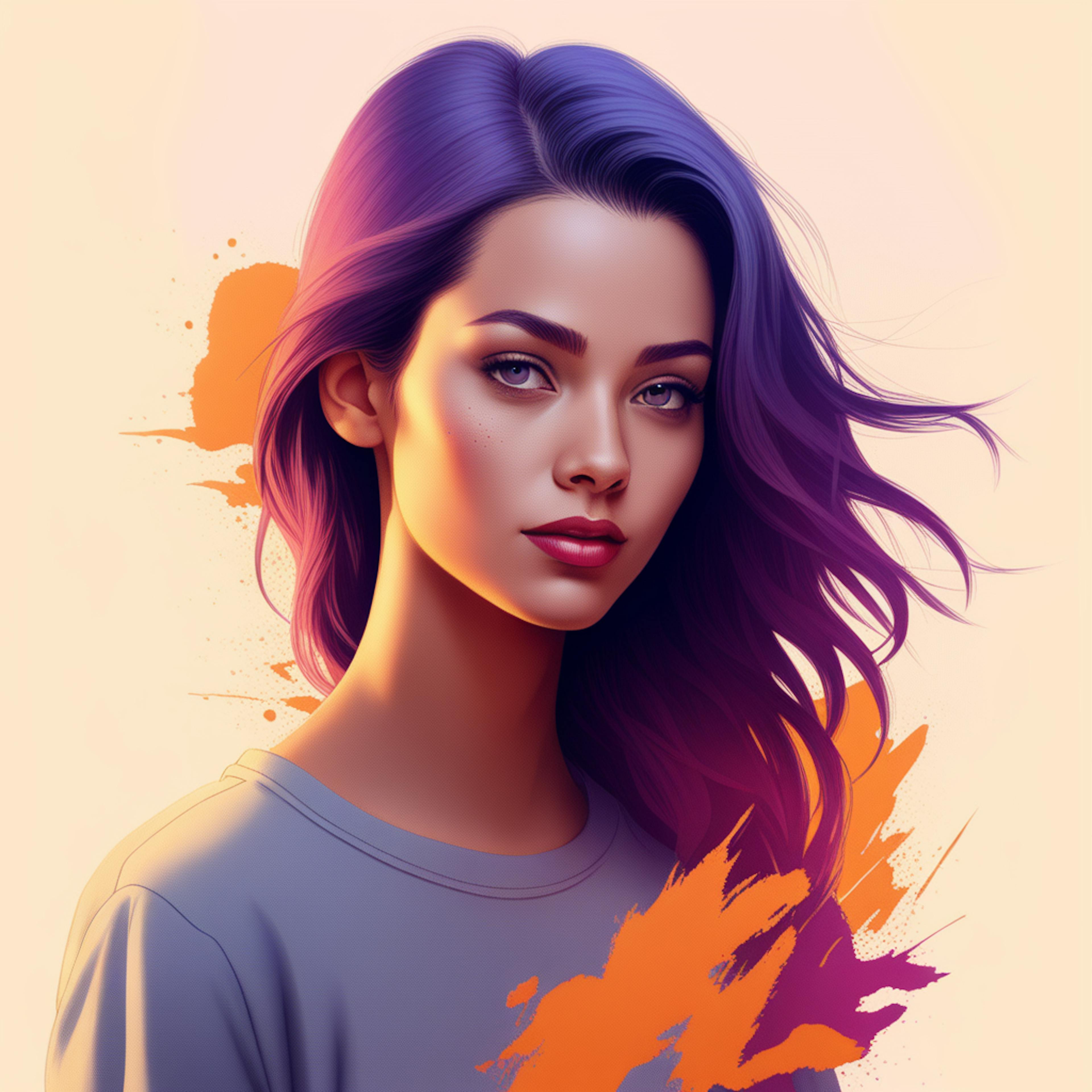 A digital portrait of a woman with vibrant purple hair, with artistic brush strokes in the background, emphasizing creativity. Keywords: "AI copywriting, creative content, artistic design.