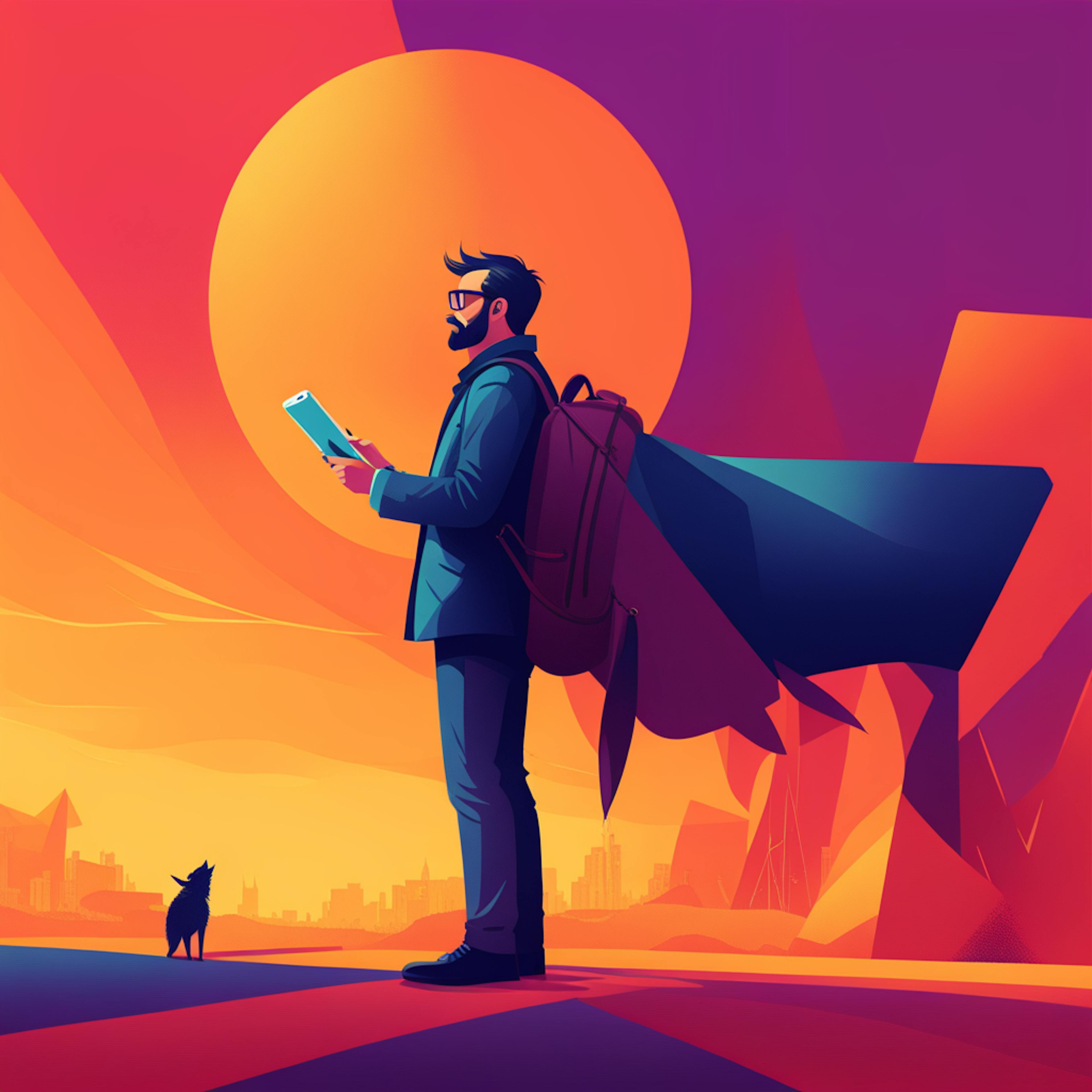 A man with a backpack, standing alone in a dramatic sunset scene, looking at his phone. The bright, colorful background hints at the ease of accessing digital services like an "AI copywriting tool" from anywhere, enhancing mobility and productivity.