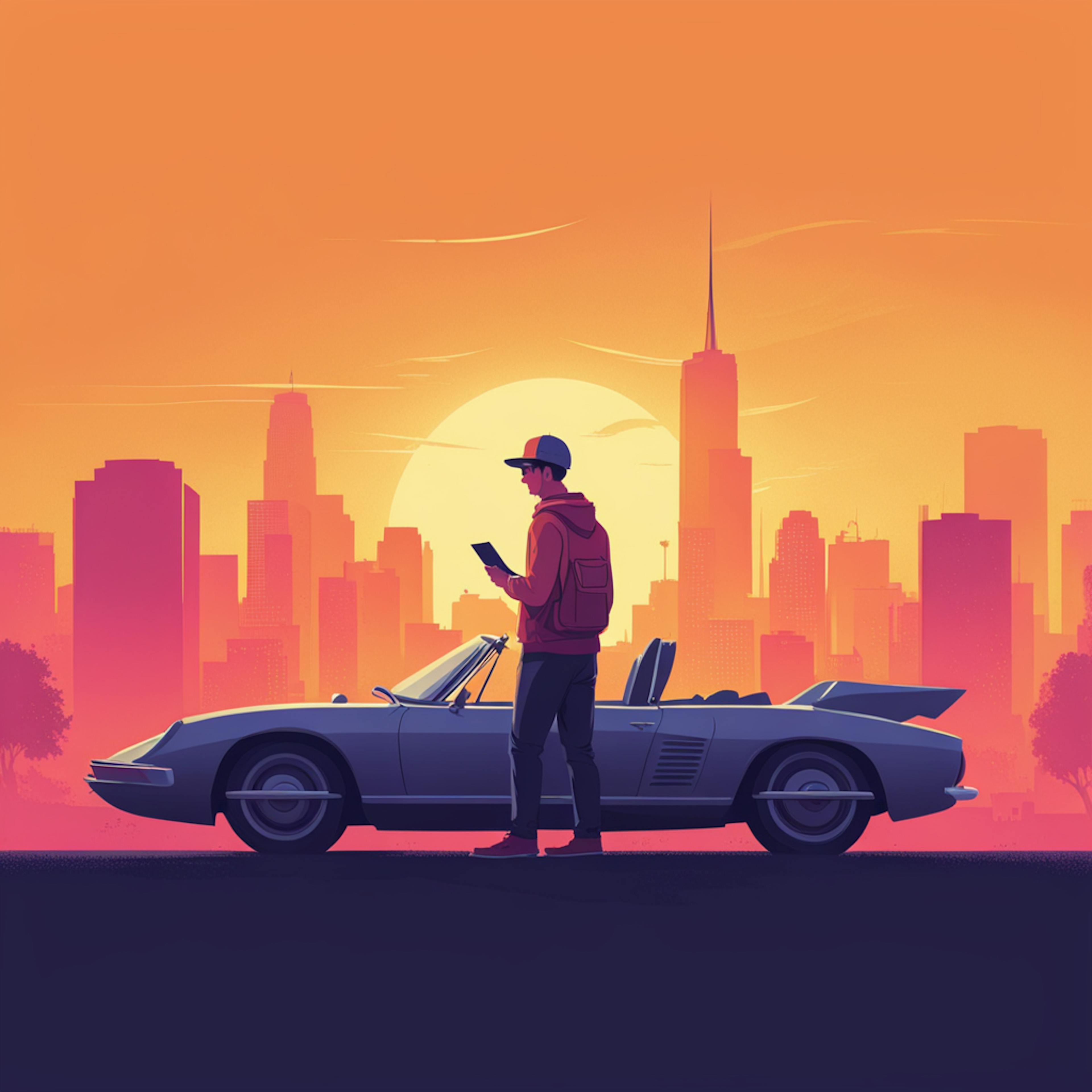 A person stands next to a sleek convertible car under a vibrant orange sunset with a city skyline in the background. The individual is checking their phone, representing a scenario where modern digital tools like an "AI copywriting tool" can be used while on the move.