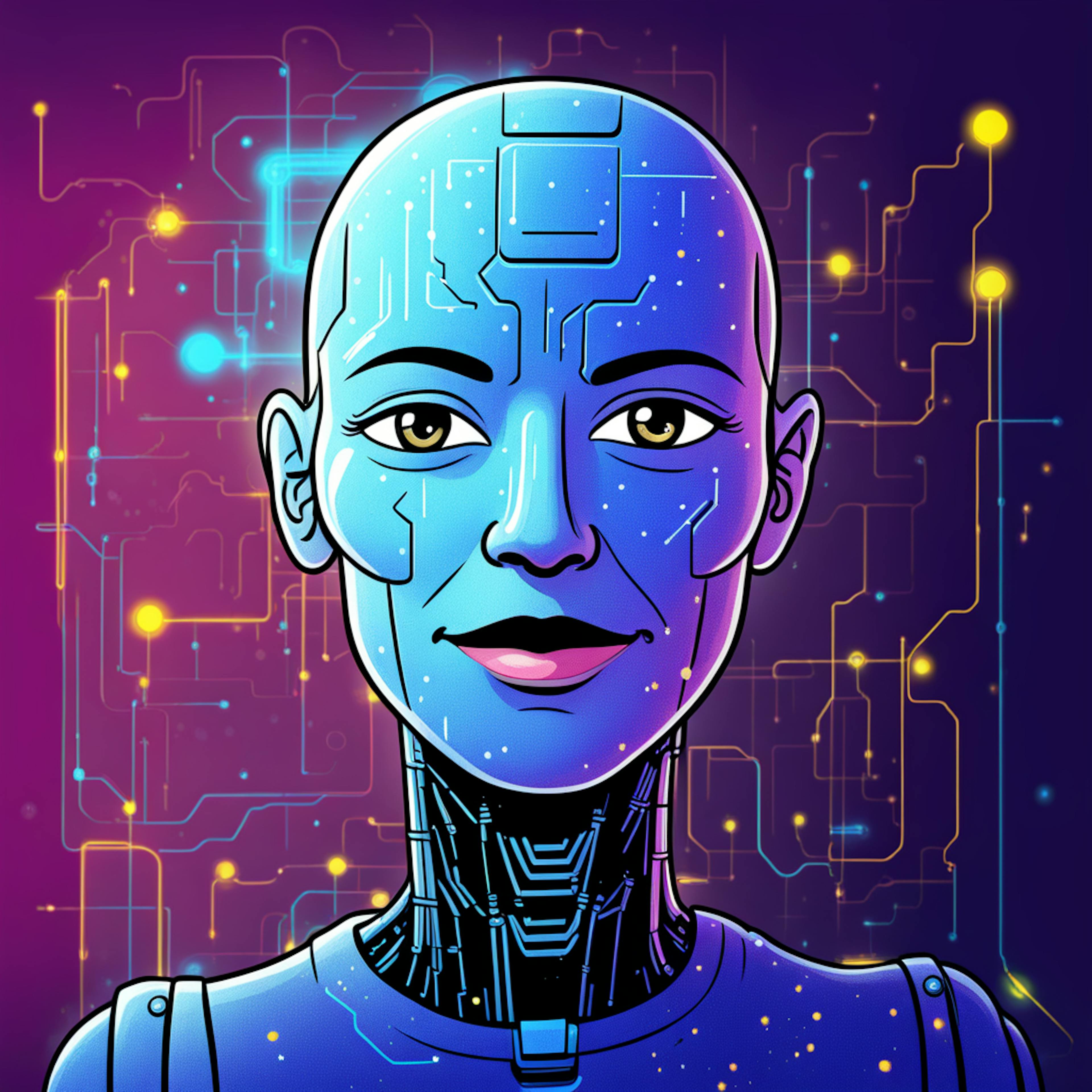 A stylized depiction of an AI robot with a human-like face, illuminated in blue tones, against a background of circuits and data pathways. This artwork captures the essence of an "AI letter writer" that processes vast amounts of information with precision and speed.