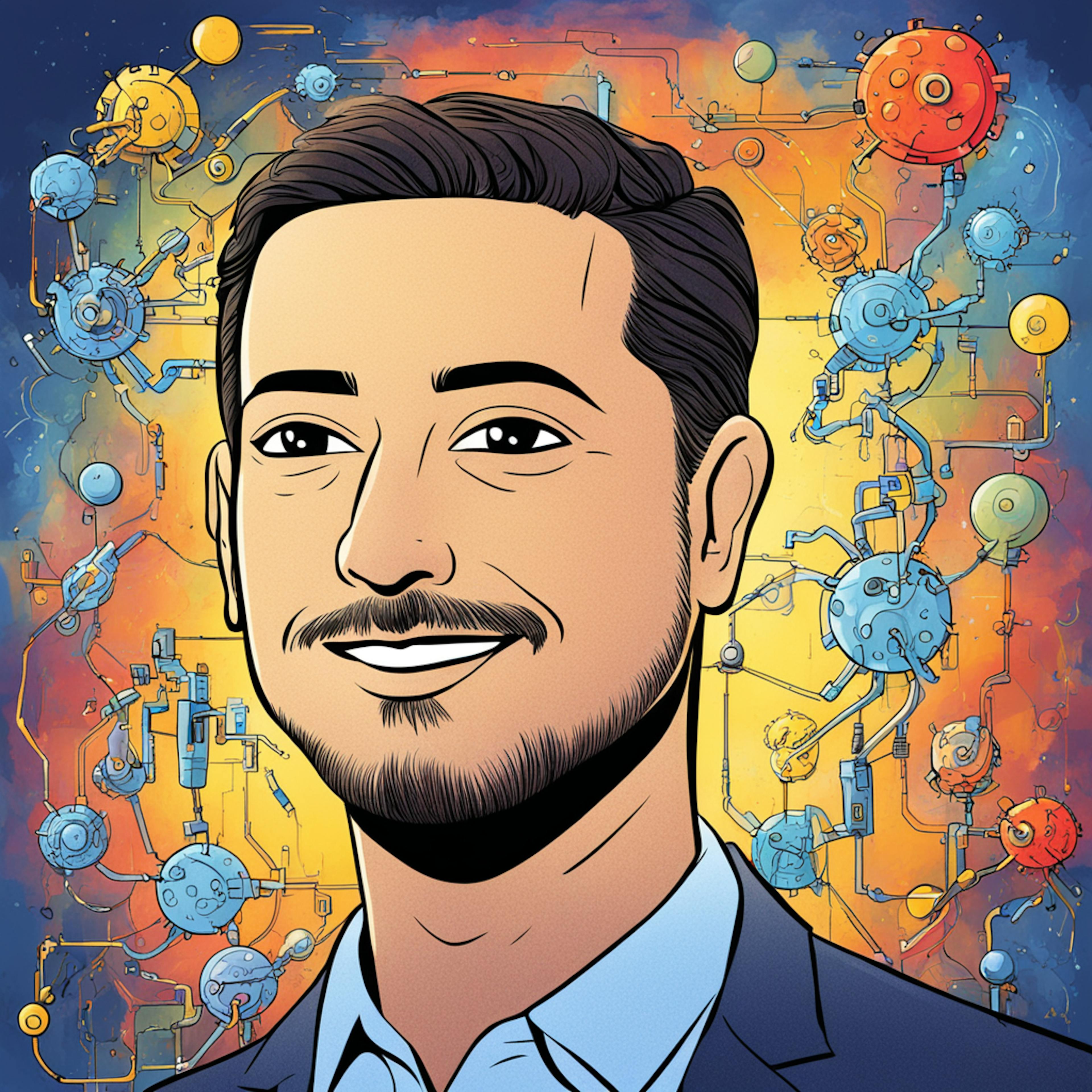 A vibrant, illustrated portrait of a man surrounded by mechanical gears and interconnected technological devices, symbolizing the concept of an "AI letter writer." The intricate design represents how AI tools help automate and enhance writing processes, blending human creativity with machine efficiency.