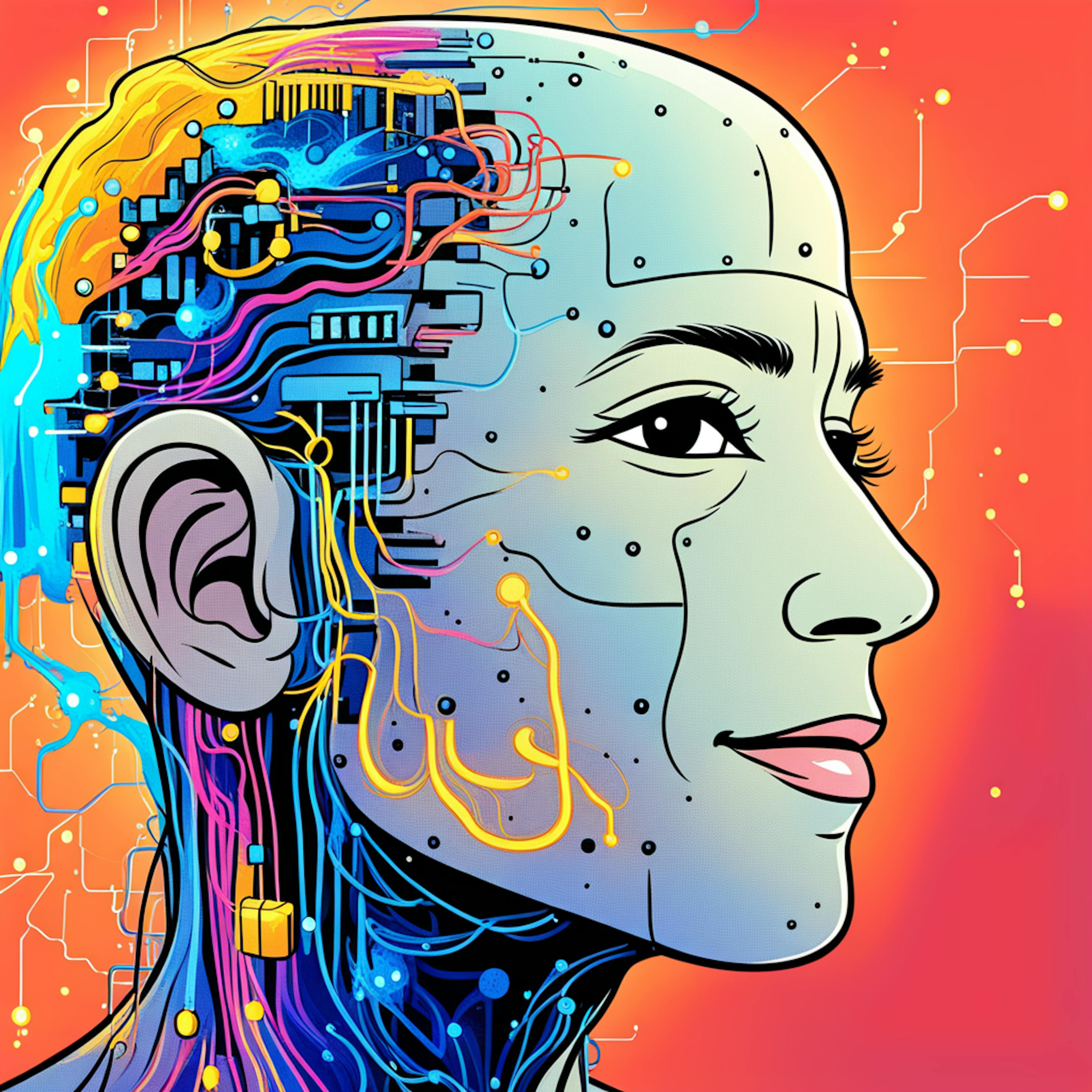 A side profile of a human head infused with circuitry and wiring, illustrating the seamless integration of technology into the creative process. The detailed connections symbolize how an "AI letter writer" connects various inputs to craft coherent, well-structured letters.