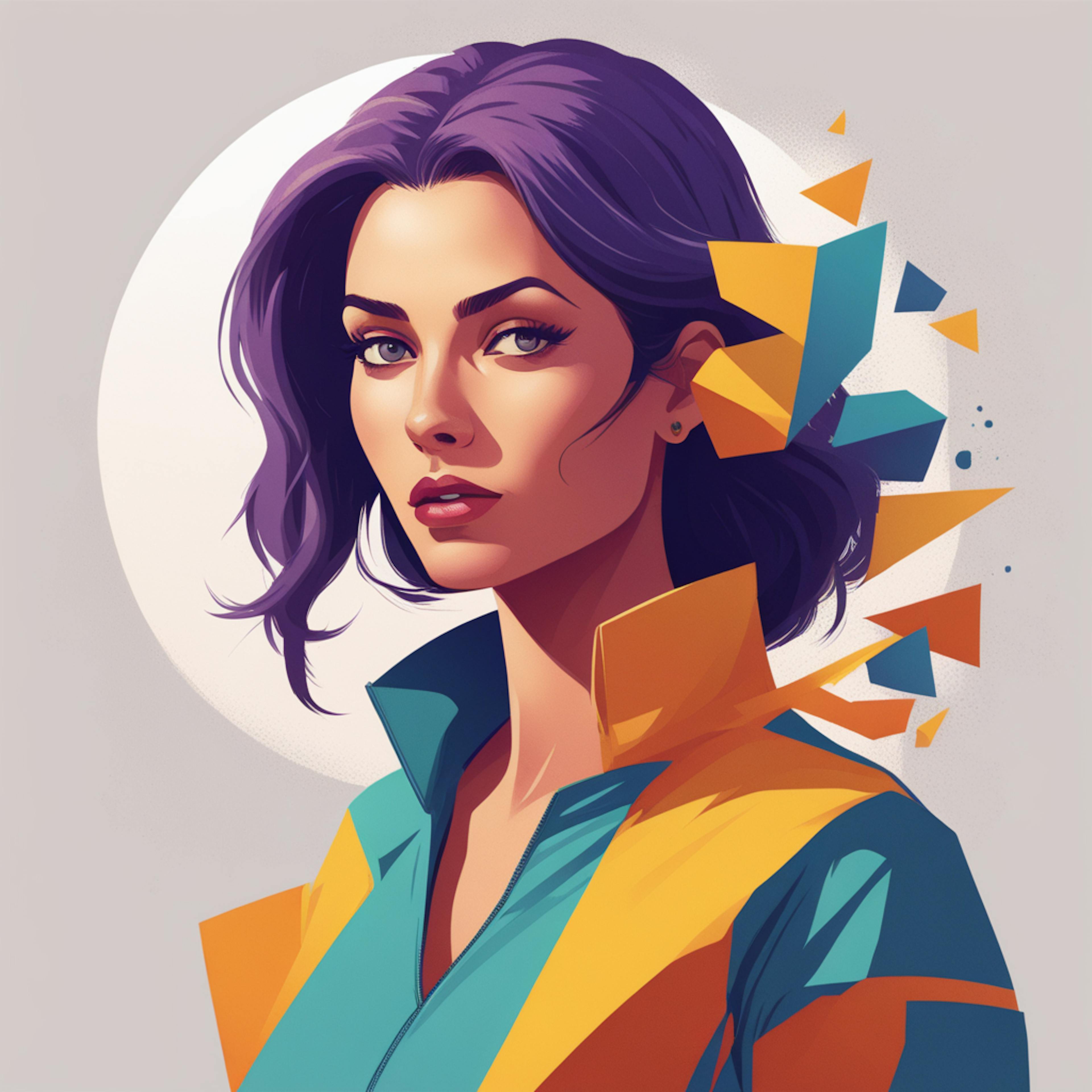 A modern, stylized portrait of a woman with purple hair, surrounded by geometric shapes in vibrant yellow and blue hues, symbolizing the concept of an "AI message generator." The fragmented elements represent how AI tools dynamically generate and structure messages from various data points, blending creativity and technology seamlessly.