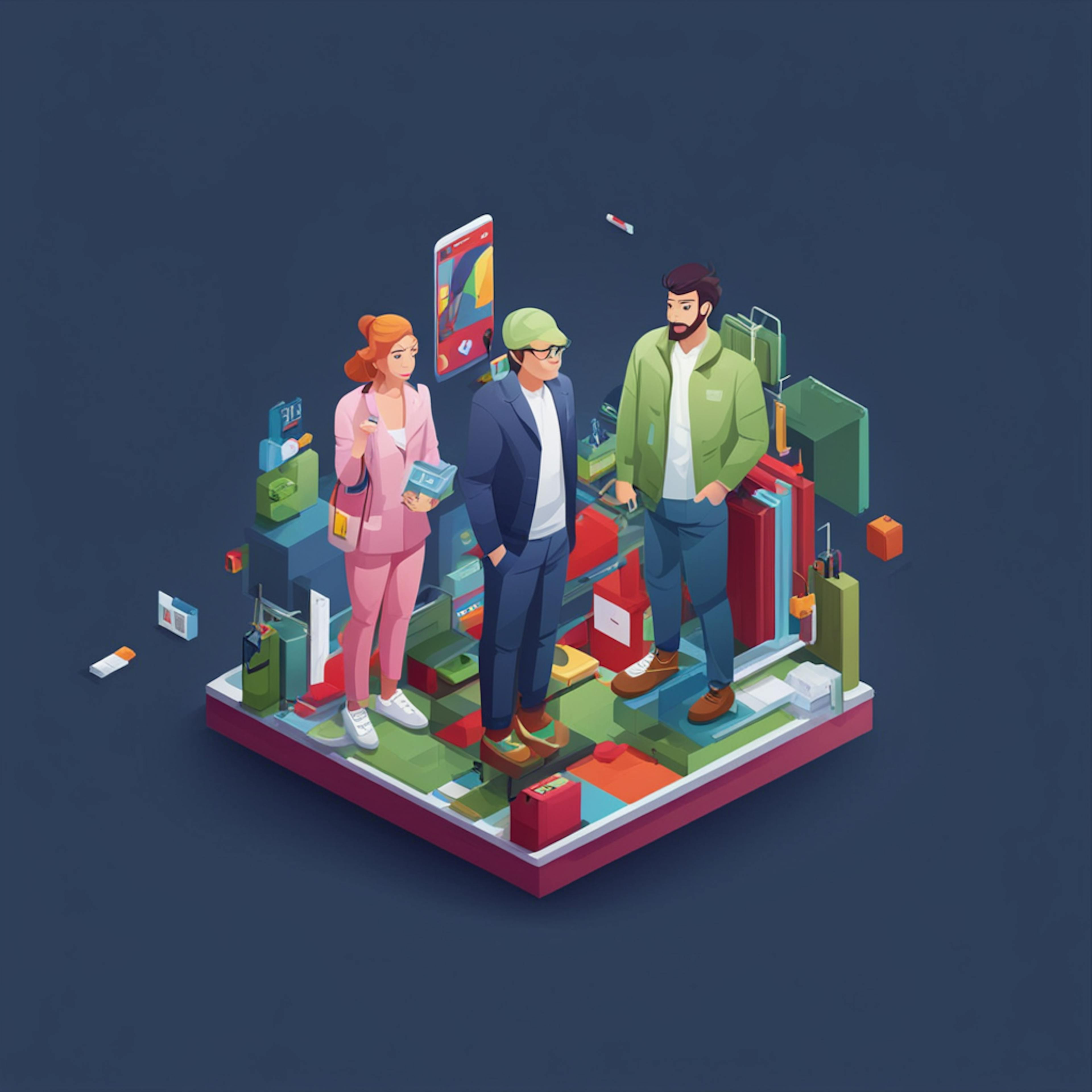 An isometric illustration showcasing three characters discussing various media and marketing elements, with a mix of digital devices and colorful icons surrounding them. This AI-generated ad concept represents modern advertising collaboration, emphasizing digital engagement and teamwork.