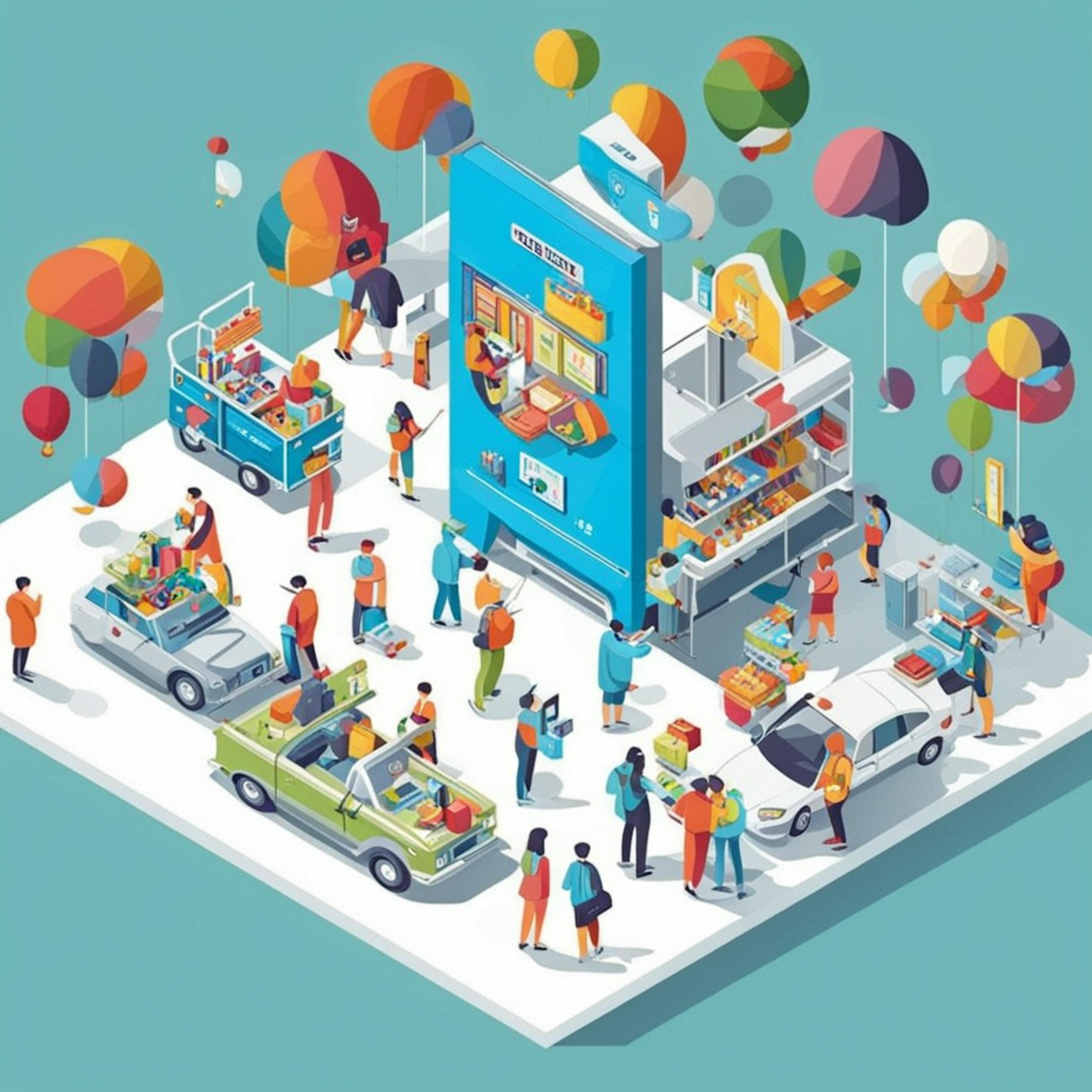 A vibrant scene featuring a bustling marketing setup with people engaged in different promotional activities around a large display screen. The image highlights various forms of outreach, symbolizing how AI-generated ads can streamline and enhance multi-channel marketing efforts with a focus on visual appeal.