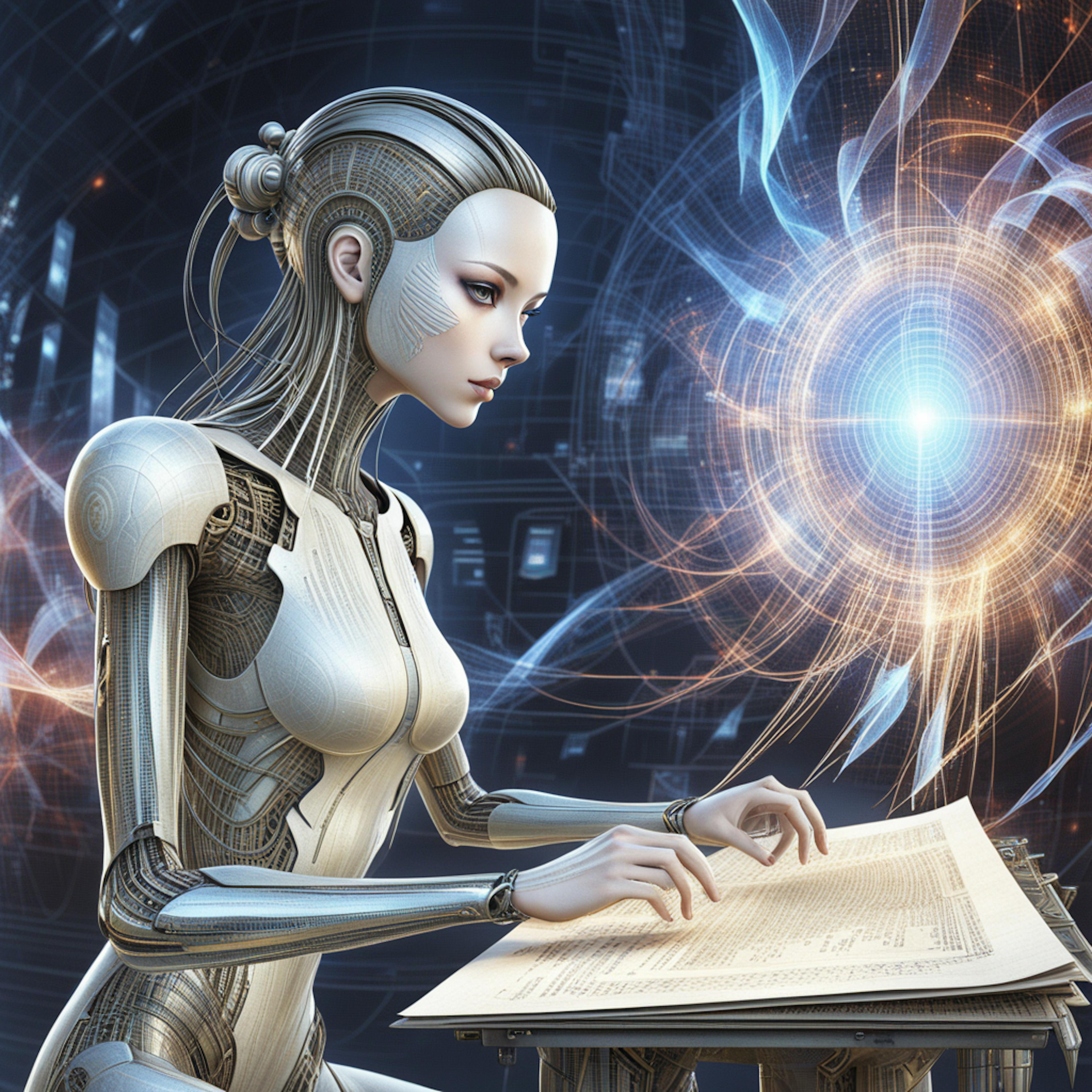 An AI-powered robot with intricate metallic features types on a glowing virtual keyboard. The background is filled with swirling lines and light orbs, symbolizing advanced technology and data flow. Perfect for illustrating the capabilities of an AI blog writer.