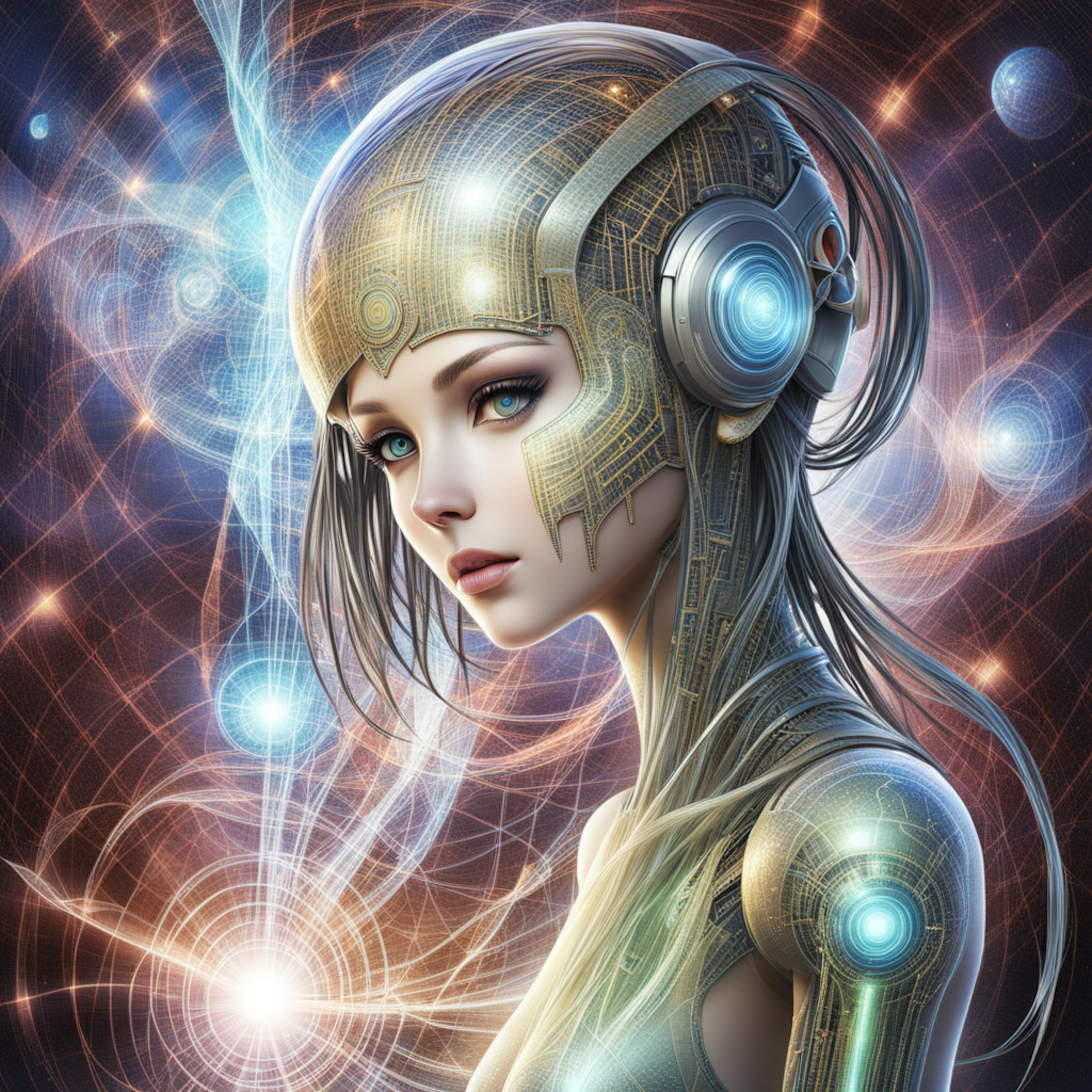 This detailed illustration captures a futuristic woman with circuit-like designs on her face and helmet, gazing thoughtfully as if processing information. Her expression and the electric patterns on her suit make this an ideal visual for discussing the innovative features of an AI blog writer.