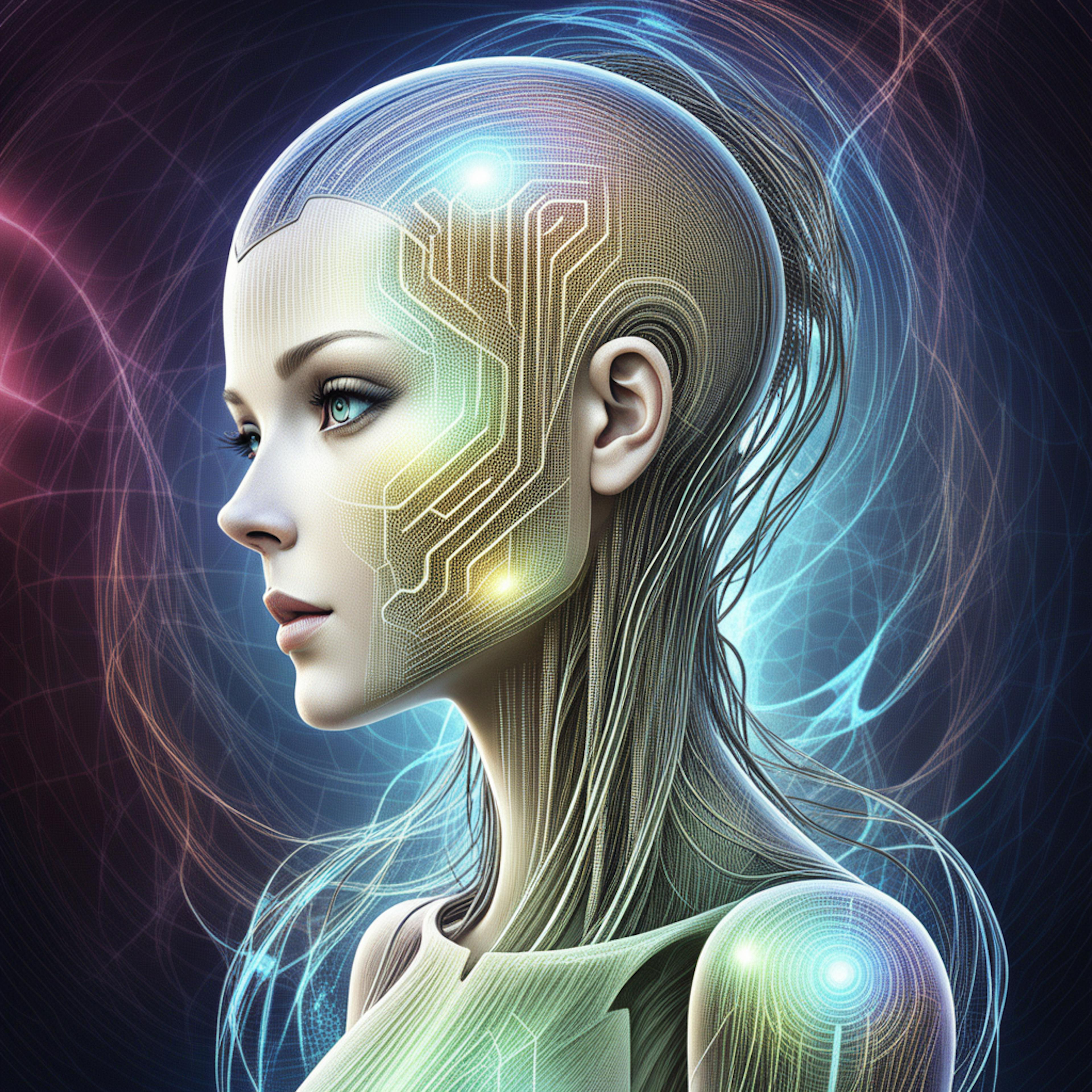 A close-up side profile of a female AI figure with digital circuits and nodes illuminating her face. Her serene expression and futuristic design showcase the precision and creativity of an AI blog writer, emphasizing its potential in generating insightful and engaging content.