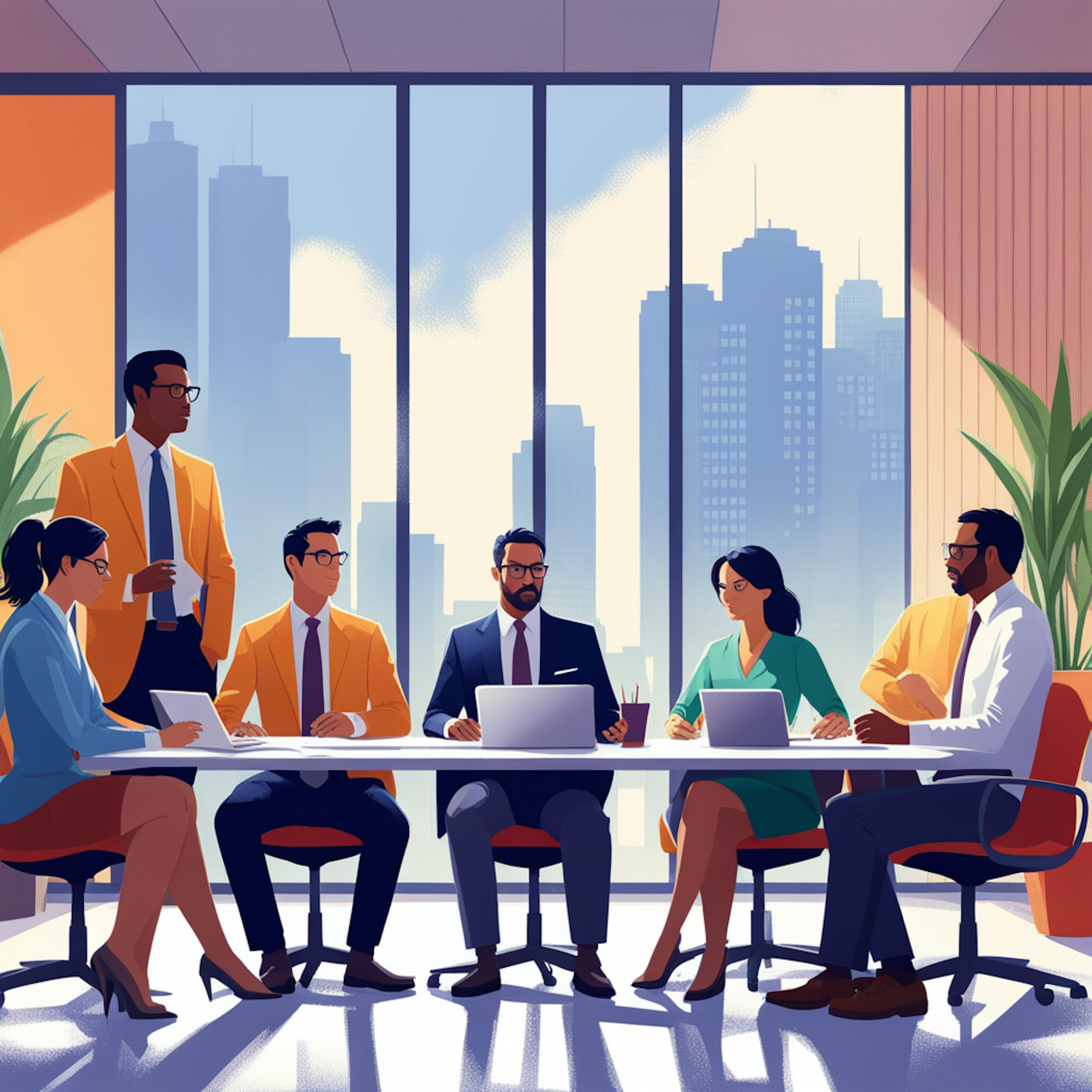 A diverse business team in a modern conference room, engaged in a collaborative discussion about business growth strategies. The image highlights professional interaction, strategic planning, and teamwork essential for driving business success.