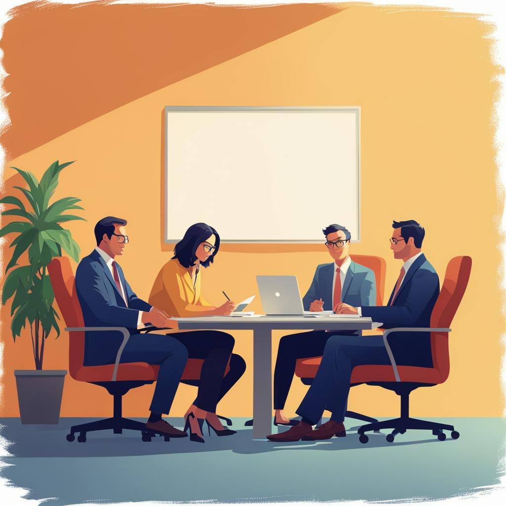 A focused team of business professionals, seated around a table, analyzing growth strategies for scaling their business. The minimalist setup and dedicated expressions emphasize a goal-oriented approach to developing successful business tactics.