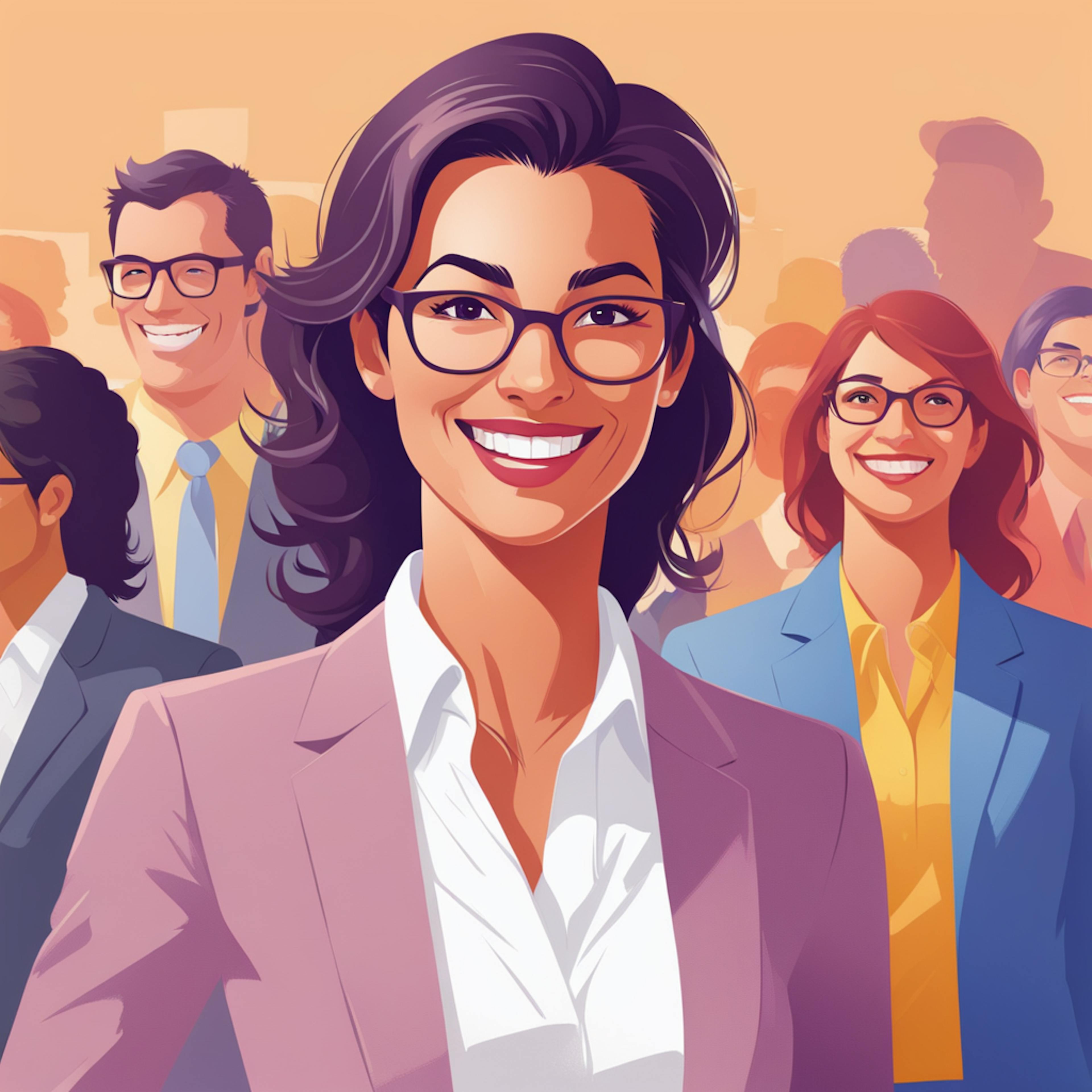 A diverse group of business professionals in smart attire stand together with enthusiastic expressions, highlighting team spirit and collaboration, signifying the importance of using the best marketing analytics tools for data-driven decision-making in a competitive landscape.