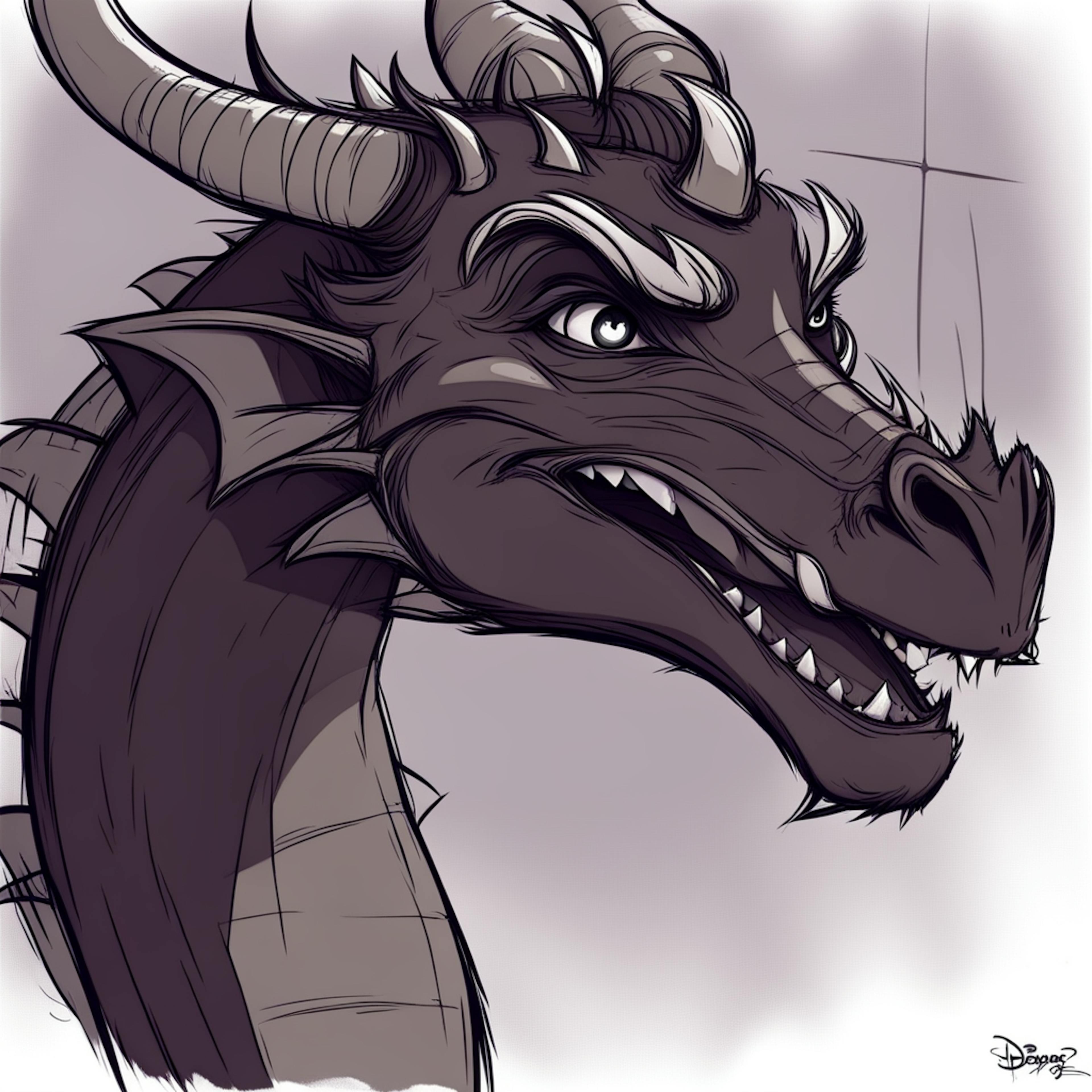 A detailed digital sketch of a dragon's face, showcasing sharp teeth, piercing eyes, and intricate scales. The expression exudes intensity, hinting at a fierce personality, perfect for an AI story prompt generator focused on mythical or fantasy narratives.